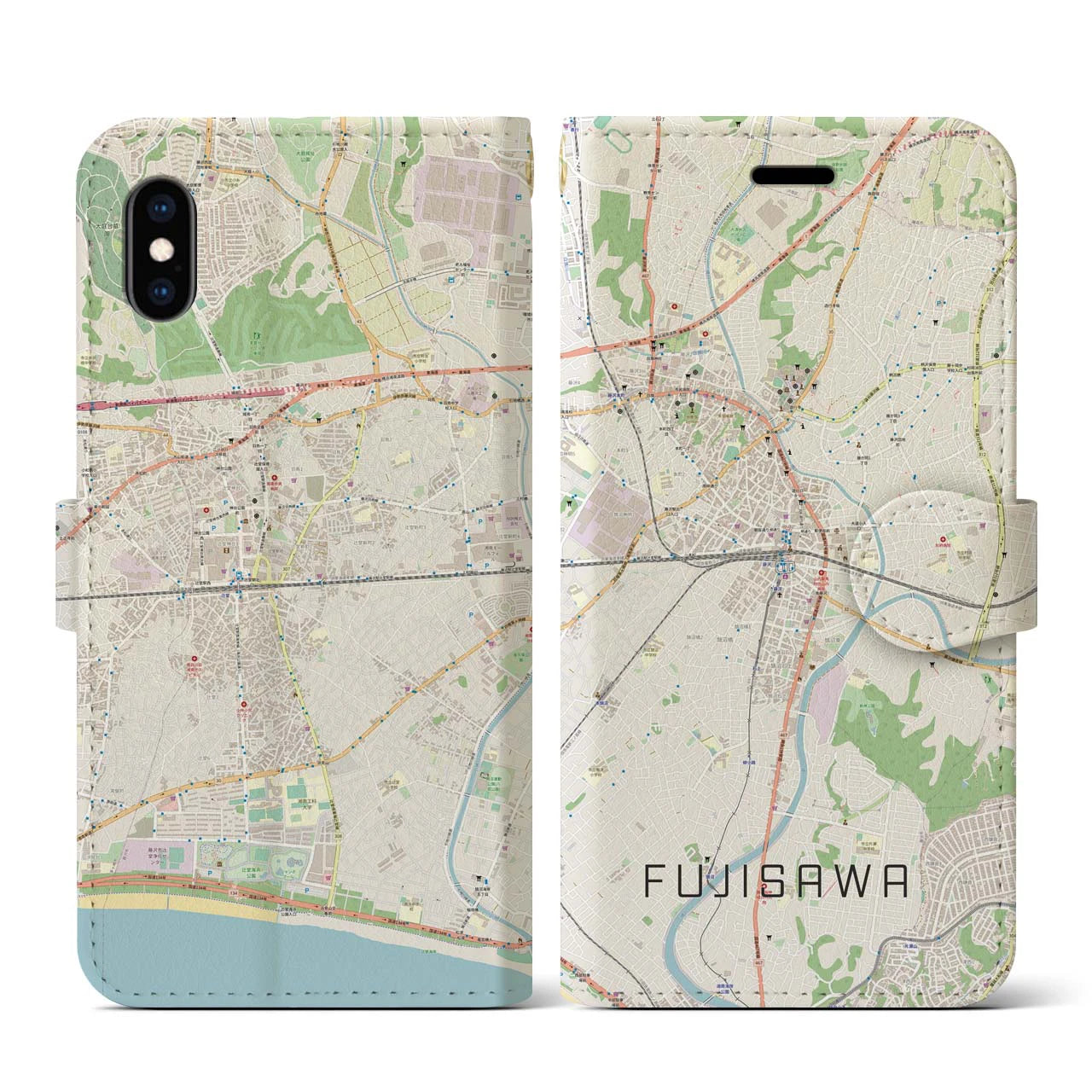【藤沢(神奈川県)】地図柄iPhoneケース(手帳タイプ)ナチュラル・iPhone XS / X 用