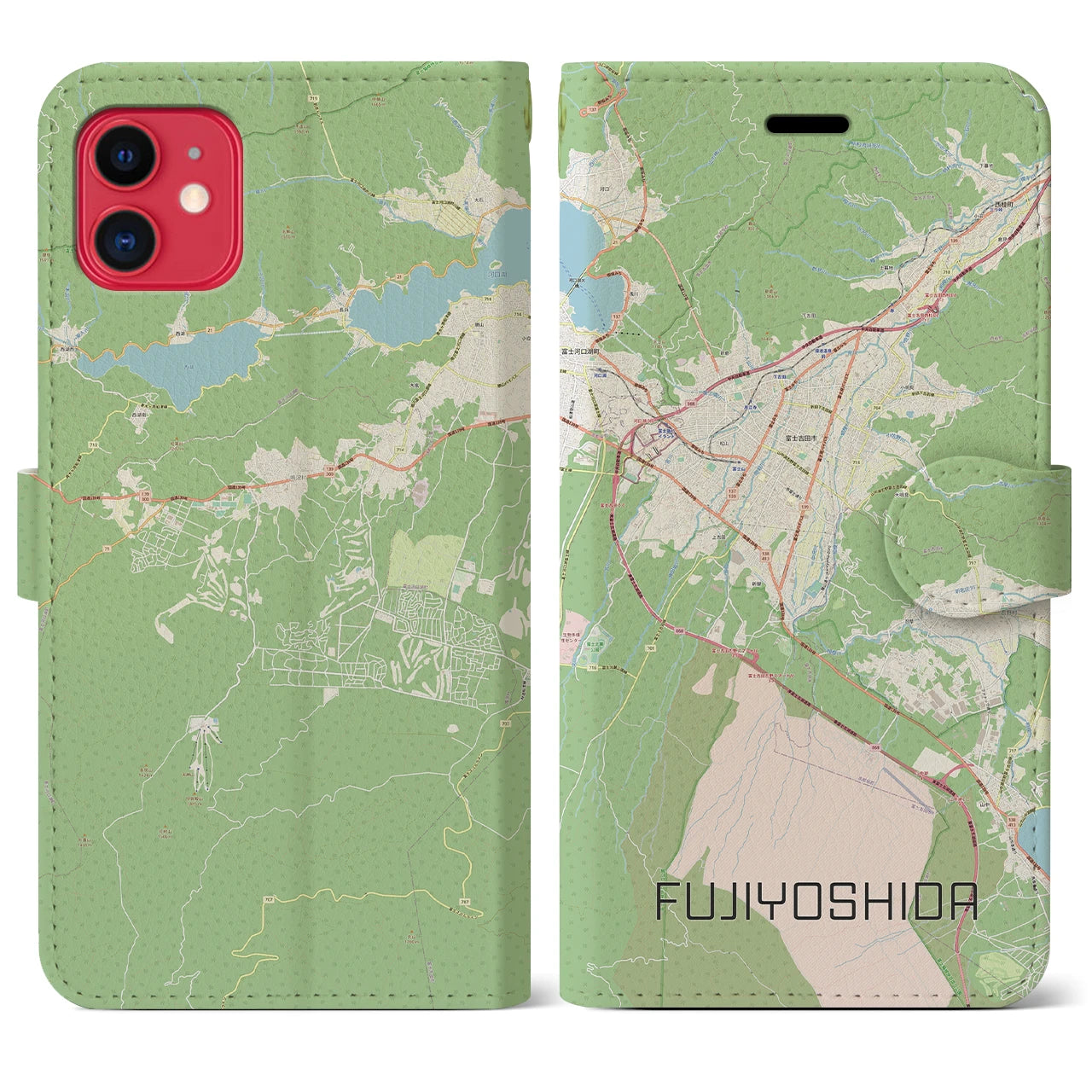 【富士吉田(山梨県)】地図柄iPhoneケース(手帳タイプ)ナチュラル・iPhone 11 用