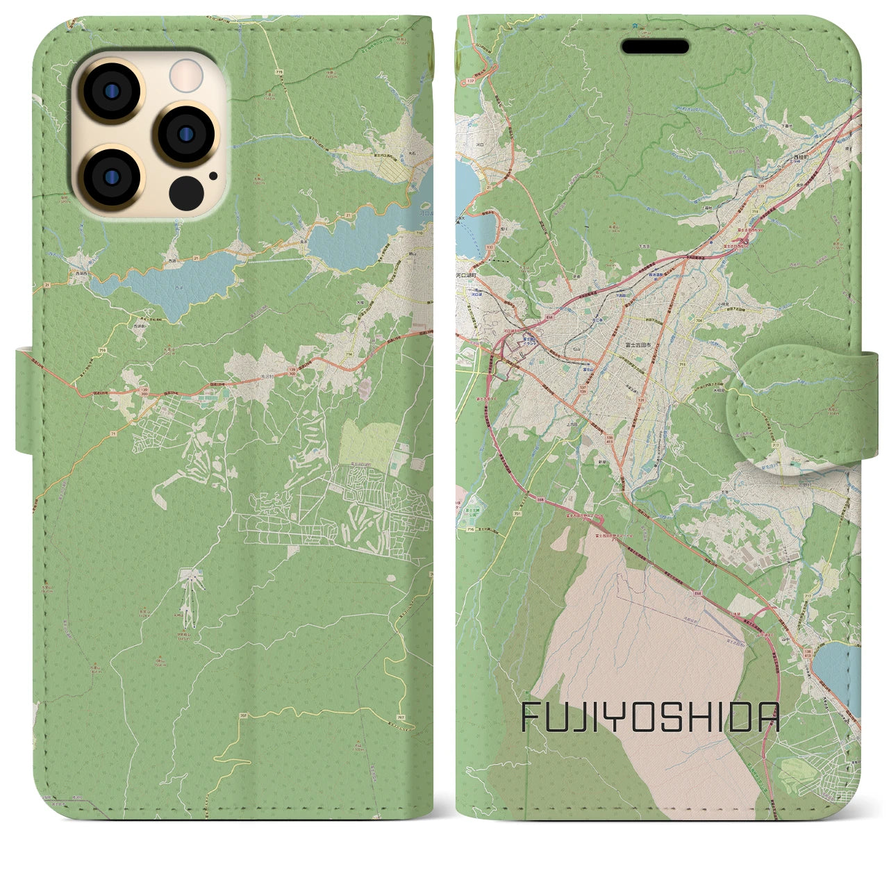 【富士吉田(山梨県)】地図柄iPhoneケース(手帳タイプ)ナチュラル・iPhone 12 Pro Max 用
