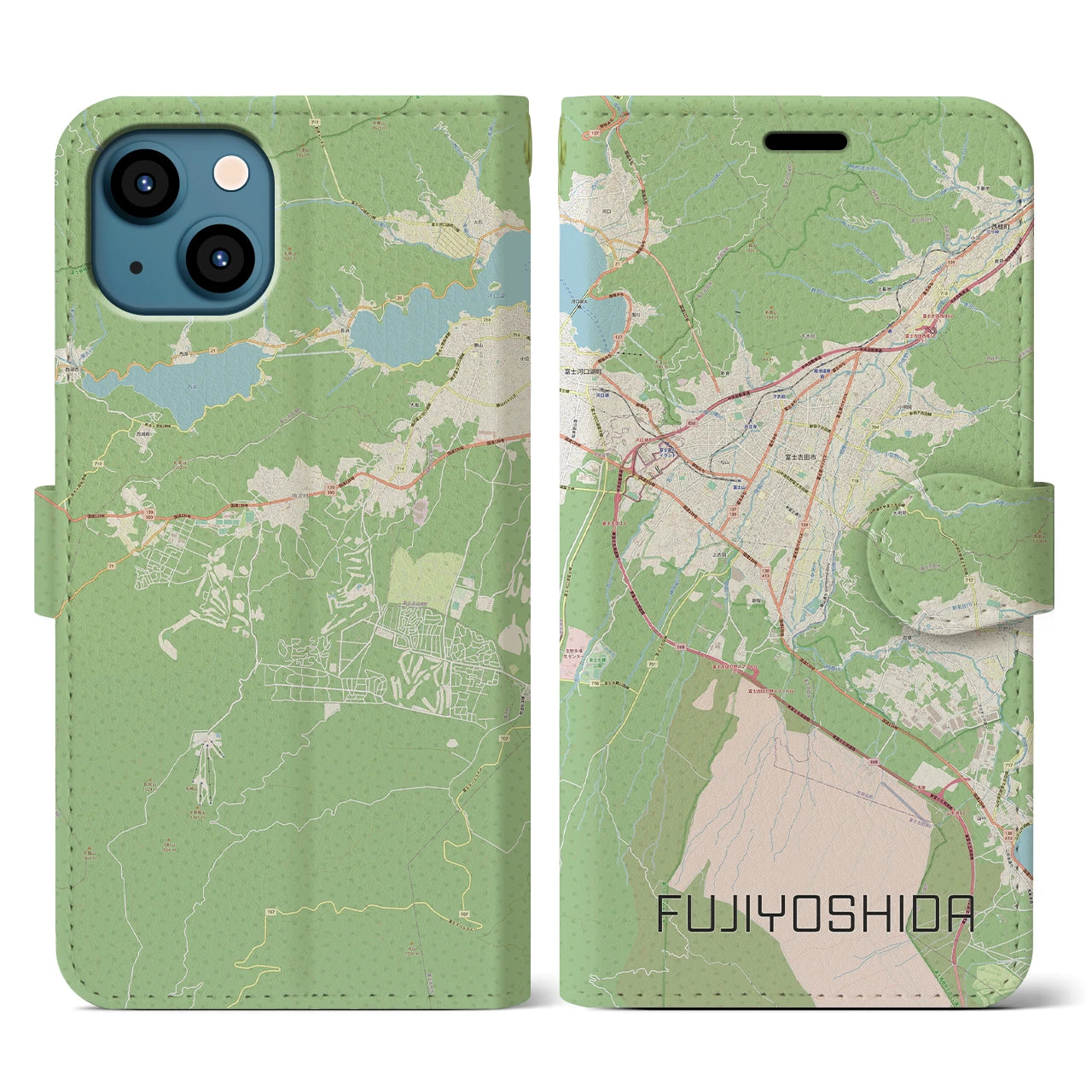 【富士吉田(山梨県)】地図柄iPhoneケース(手帳タイプ)ナチュラル・iPhone 13 用