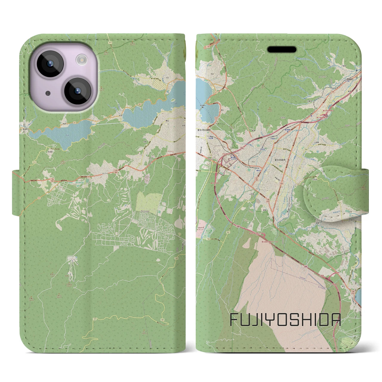 【富士吉田(山梨県)】地図柄iPhoneケース(手帳タイプ)ナチュラル・iPhone 14 用