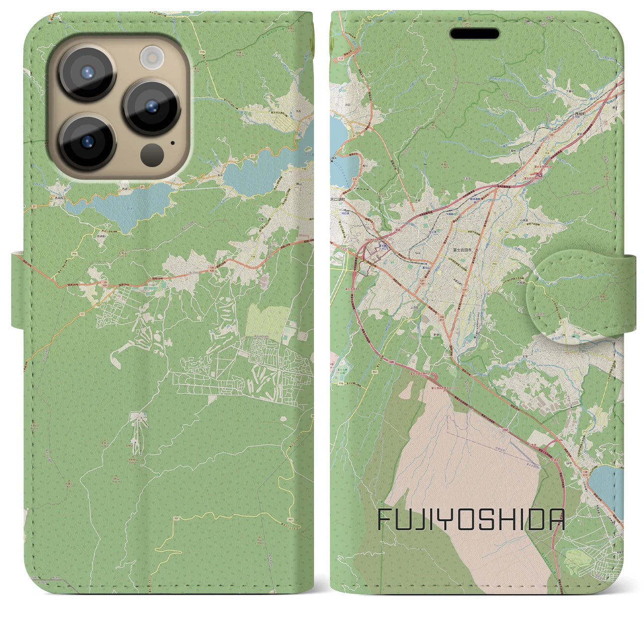 【富士吉田(山梨県)】地図柄iPhoneケース(手帳タイプ)ナチュラル・iPhone 14 Pro Max 用