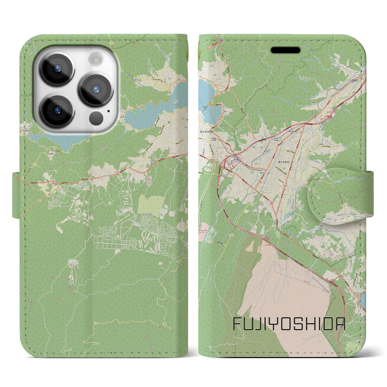 【富士吉田(山梨県)】地図柄iPhoneケース(手帳タイプ)ナチュラル・iPhone 14 Pro 用