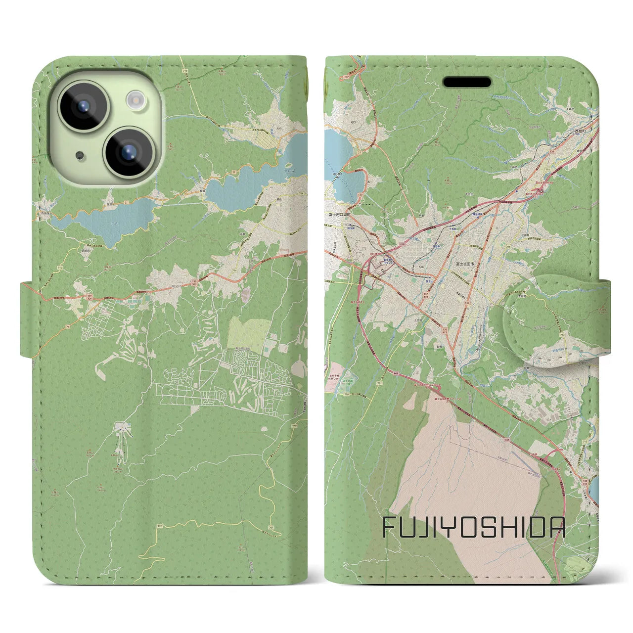 【富士吉田(山梨県)】地図柄iPhoneケース(手帳タイプ)ナチュラル・iPhone 15 用