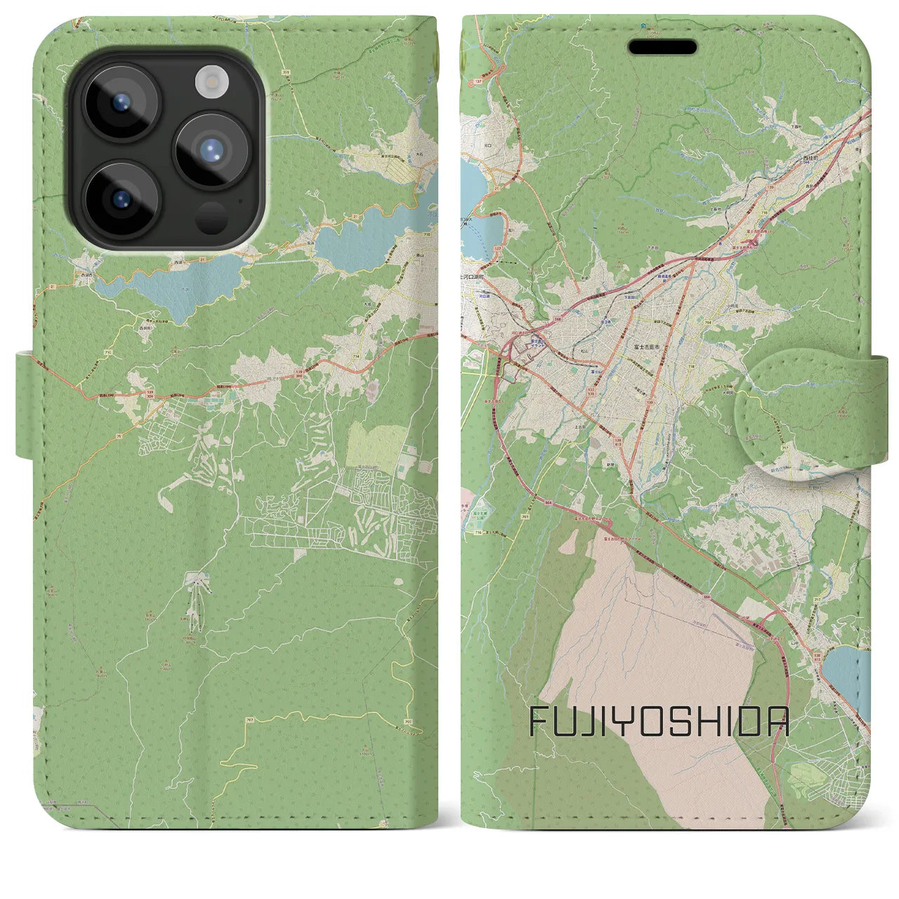 【富士吉田(山梨県)】地図柄iPhoneケース(手帳タイプ)ナチュラル・iPhone 15 Pro Max 用