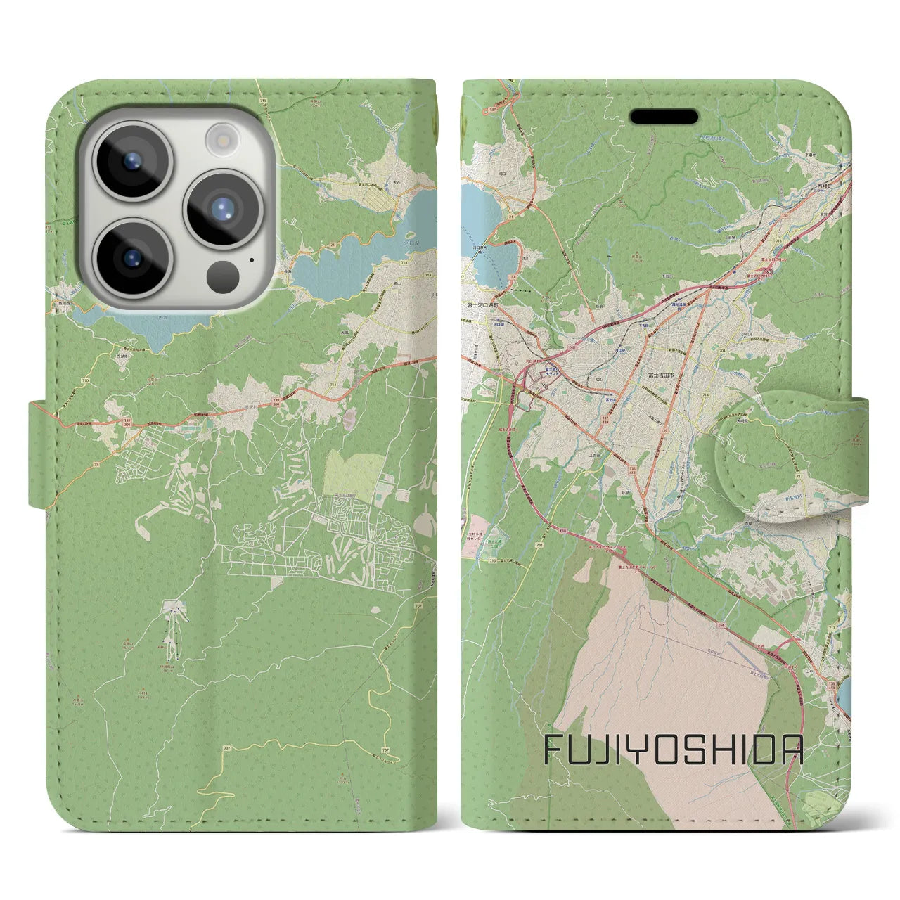 【富士吉田(山梨県)】地図柄iPhoneケース(手帳タイプ)ナチュラル・iPhone 15 Pro 用