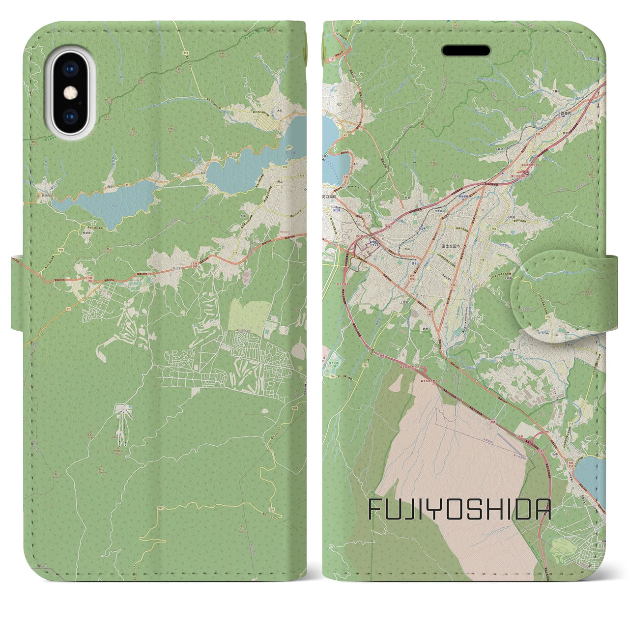 【富士吉田(山梨県)】地図柄iPhoneケース(手帳タイプ)ナチュラル・iPhone XS Max 用