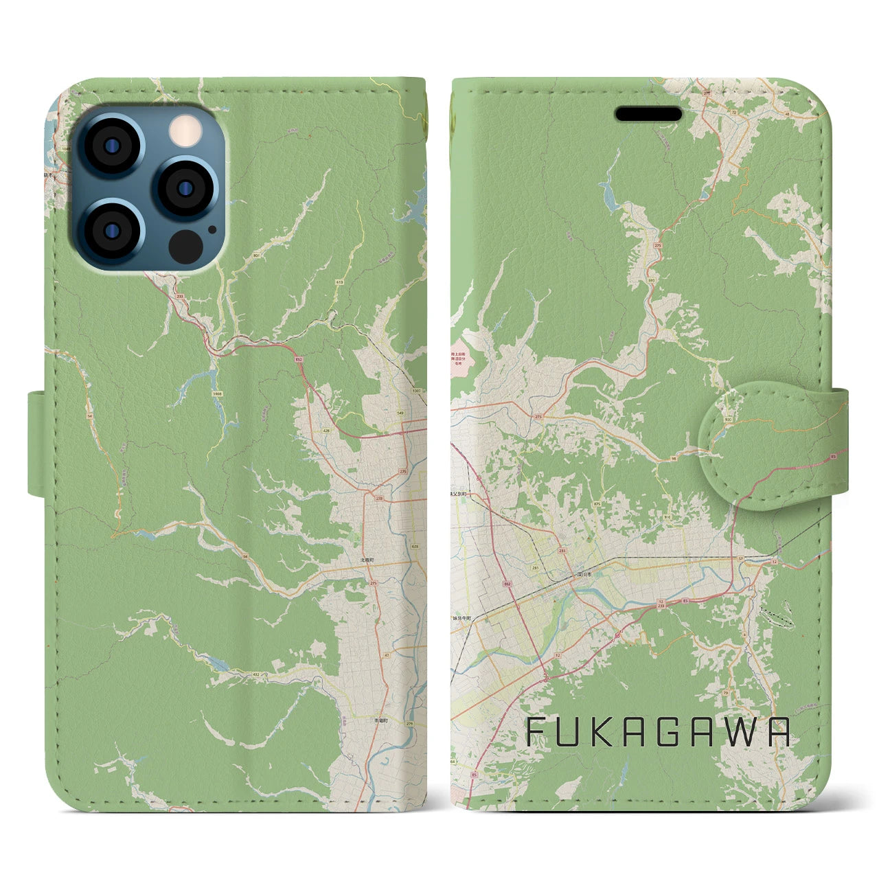 【深川(北海道)】地図柄iPhoneケース(手帳タイプ)ナチュラル・iPhone 12 / 12 Pro 用