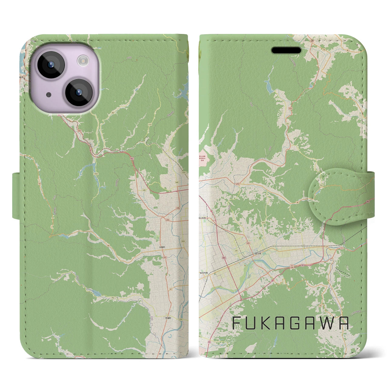 【深川(北海道)】地図柄iPhoneケース(手帳タイプ)ナチュラル・iPhone 14 用
