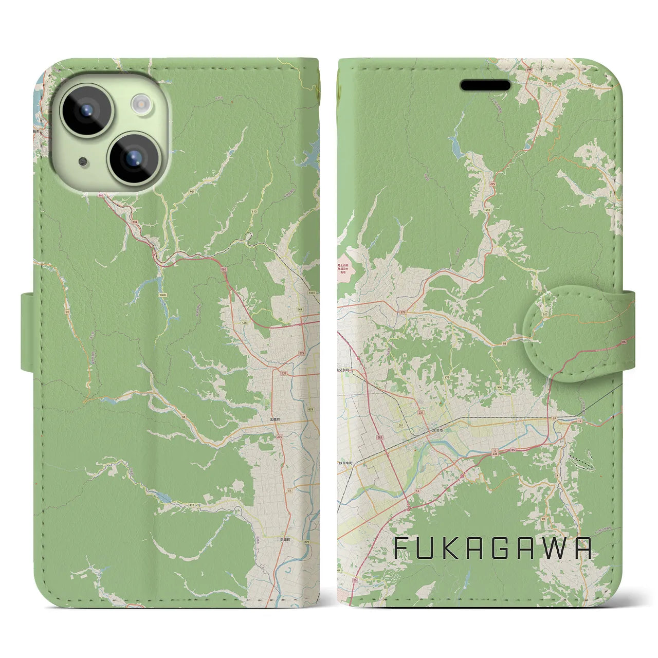 【深川(北海道)】地図柄iPhoneケース(手帳タイプ)ナチュラル・iPhone 15 用