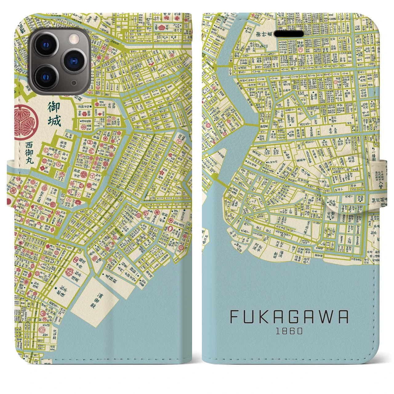 【深川1860】地図柄iPhoneケース(手帳両面タイプ・ナチュラル)iPhone 11 Pro Max 用