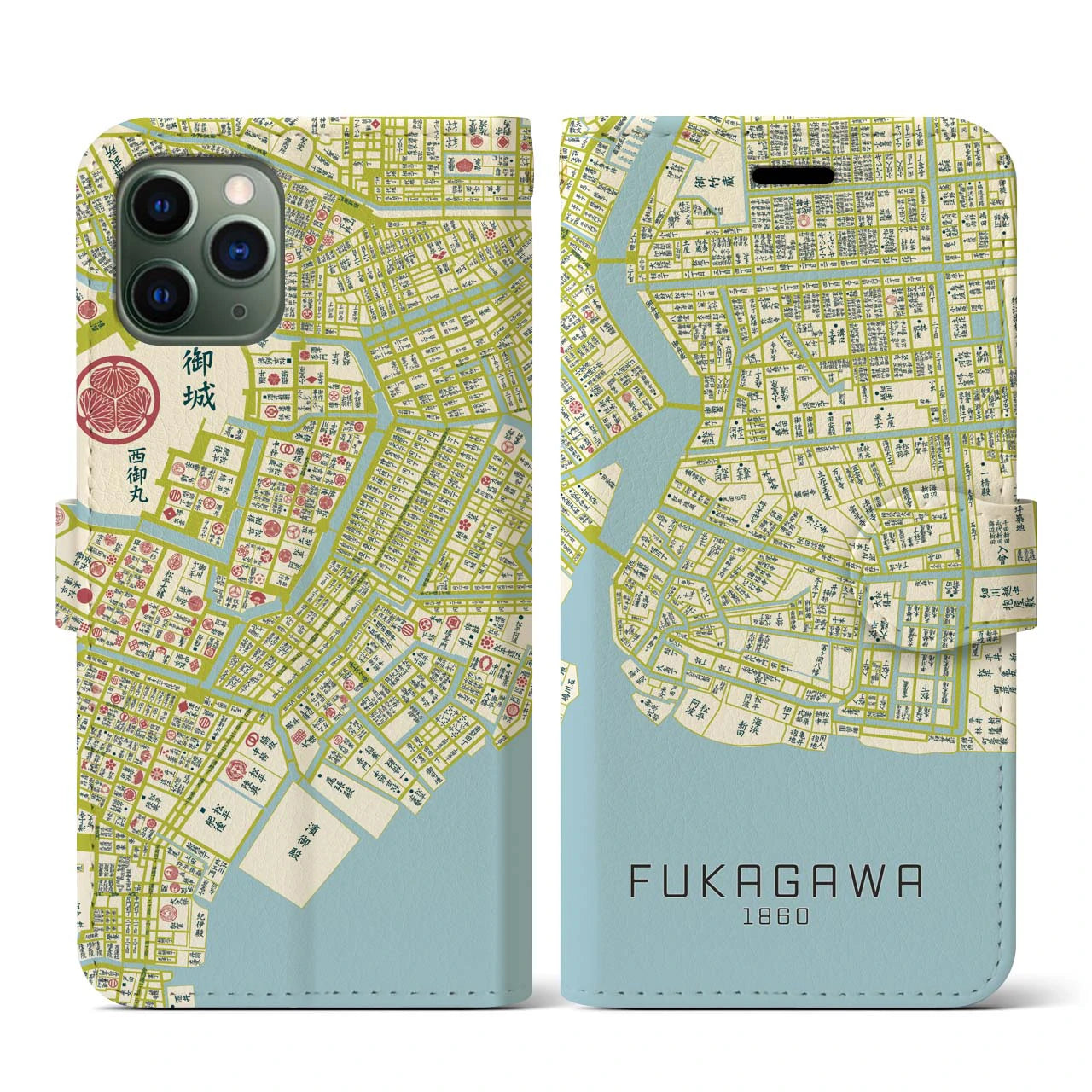 【深川1860】地図柄iPhoneケース(手帳両面タイプ・ナチュラル)iPhone 11 Pro 用