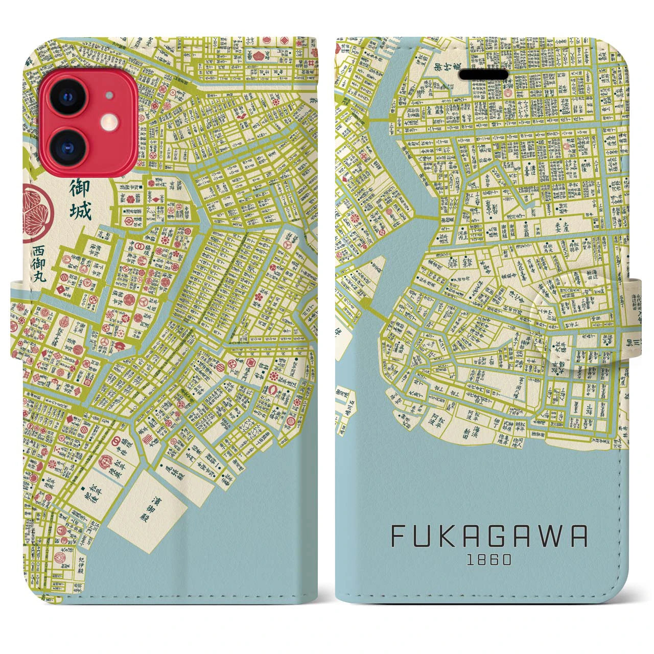 【深川1860】地図柄iPhoneケース(手帳両面タイプ・ナチュラル)iPhone 11 用