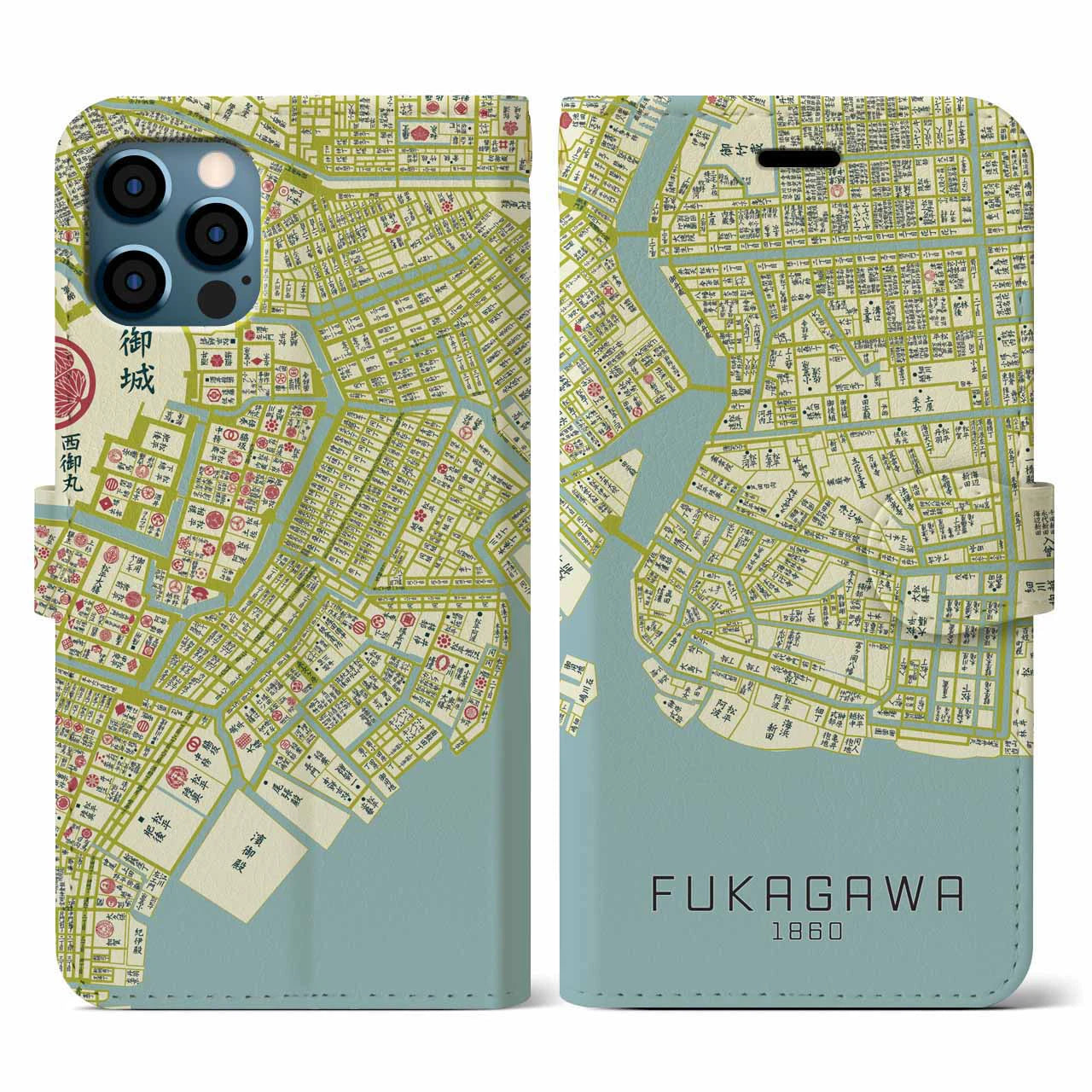 【深川1860】地図柄iPhoneケース(手帳両面タイプ・ナチュラル)iPhone 12 / 12 Pro 用