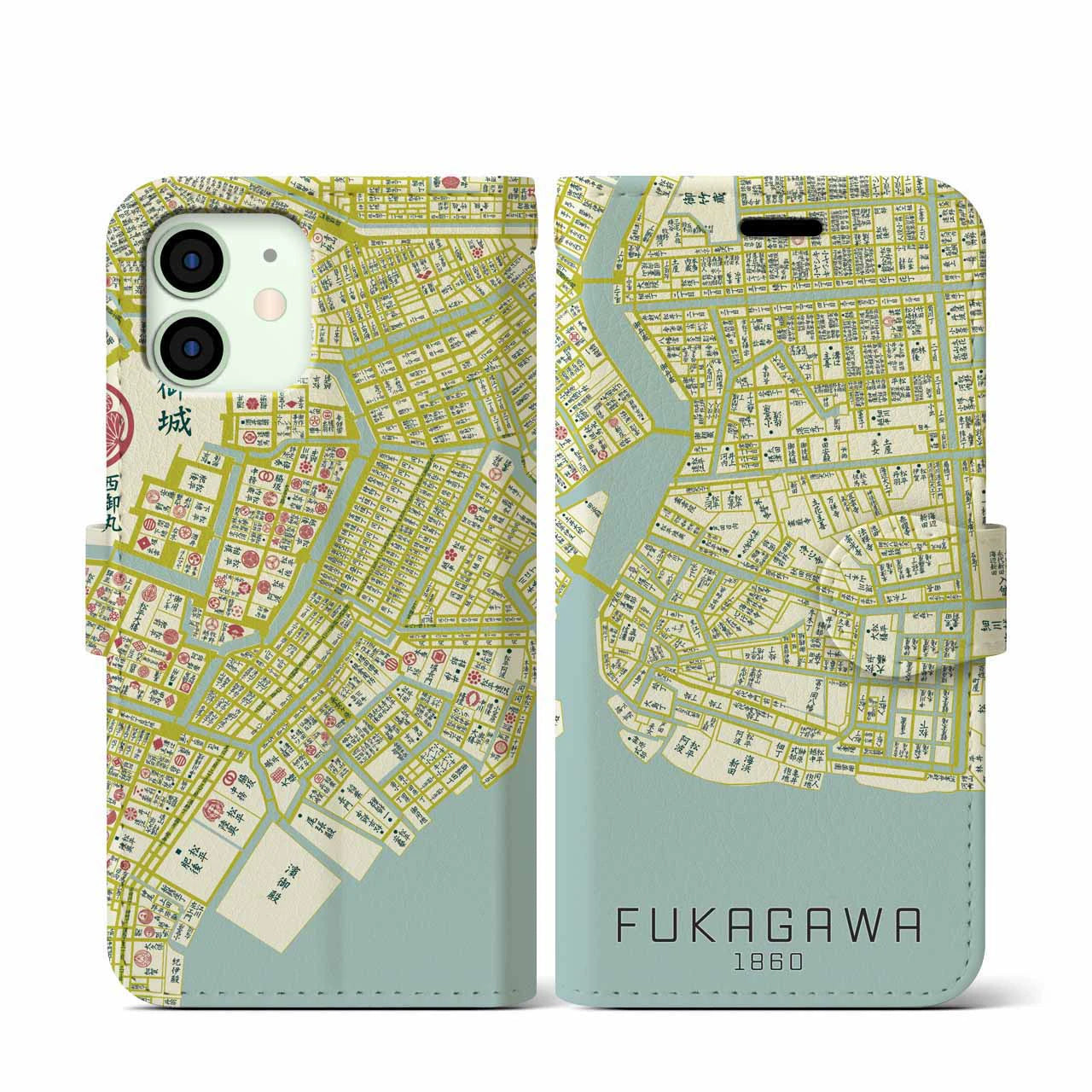 【深川1860】地図柄iPhoneケース(手帳両面タイプ・ナチュラル)iPhone 12 mini 用