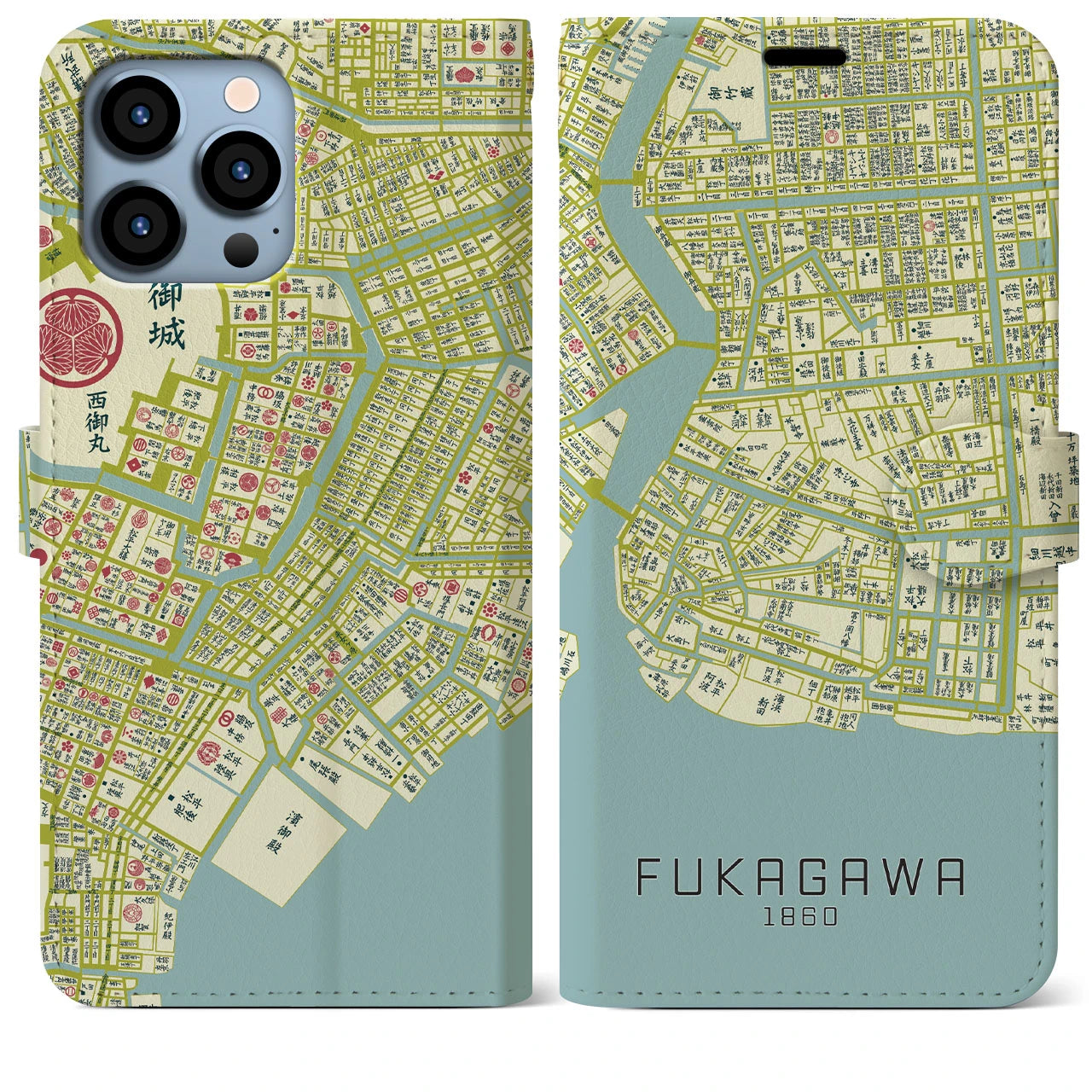 【深川1860】地図柄iPhoneケース(手帳両面タイプ・ナチュラル)iPhone 13 Pro Max 用