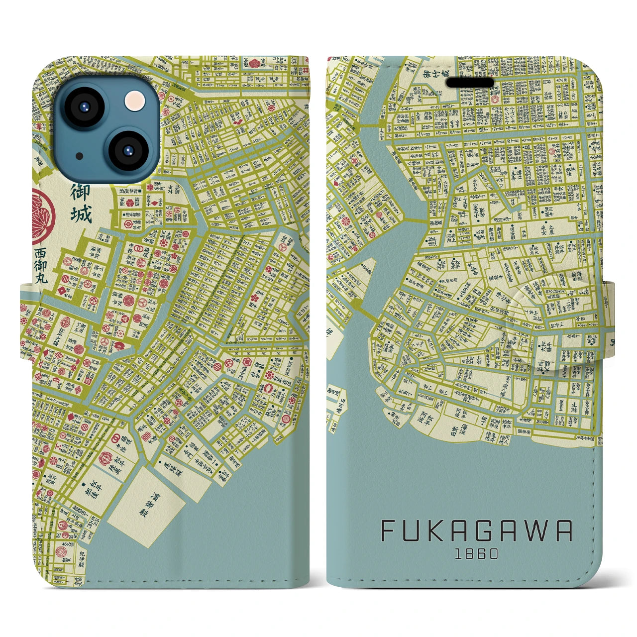 【深川1860】地図柄iPhoneケース(手帳両面タイプ・ナチュラル)iPhone 13 用