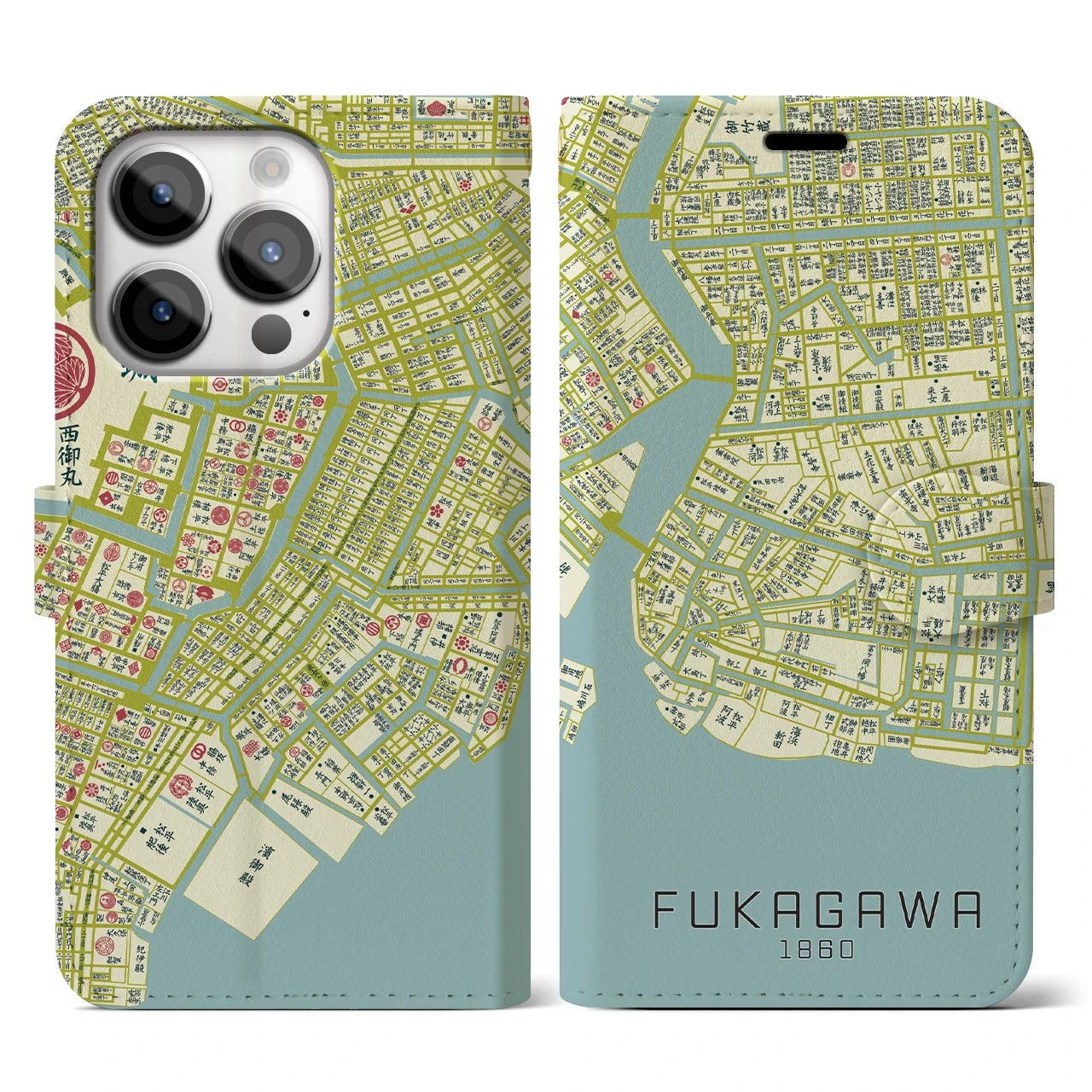 【深川1860】地図柄iPhoneケース(手帳両面タイプ・ナチュラル)iPhone 14 Pro 用