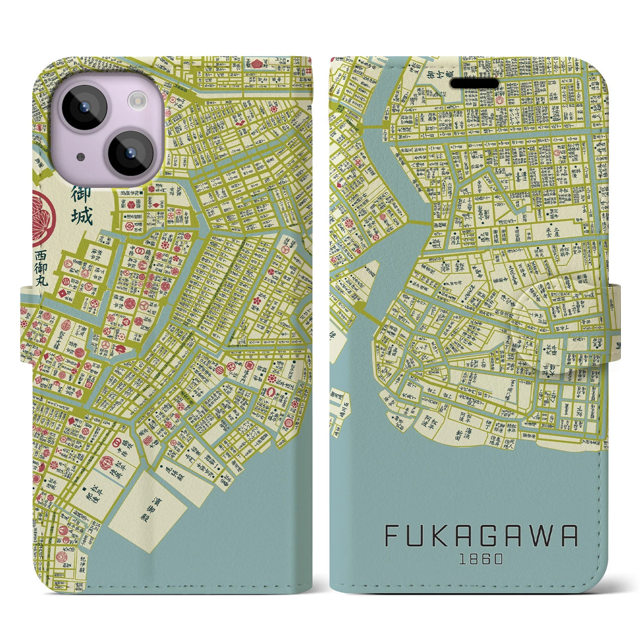 【深川1860】地図柄iPhoneケース(手帳両面タイプ・ナチュラル)iPhone 14 用