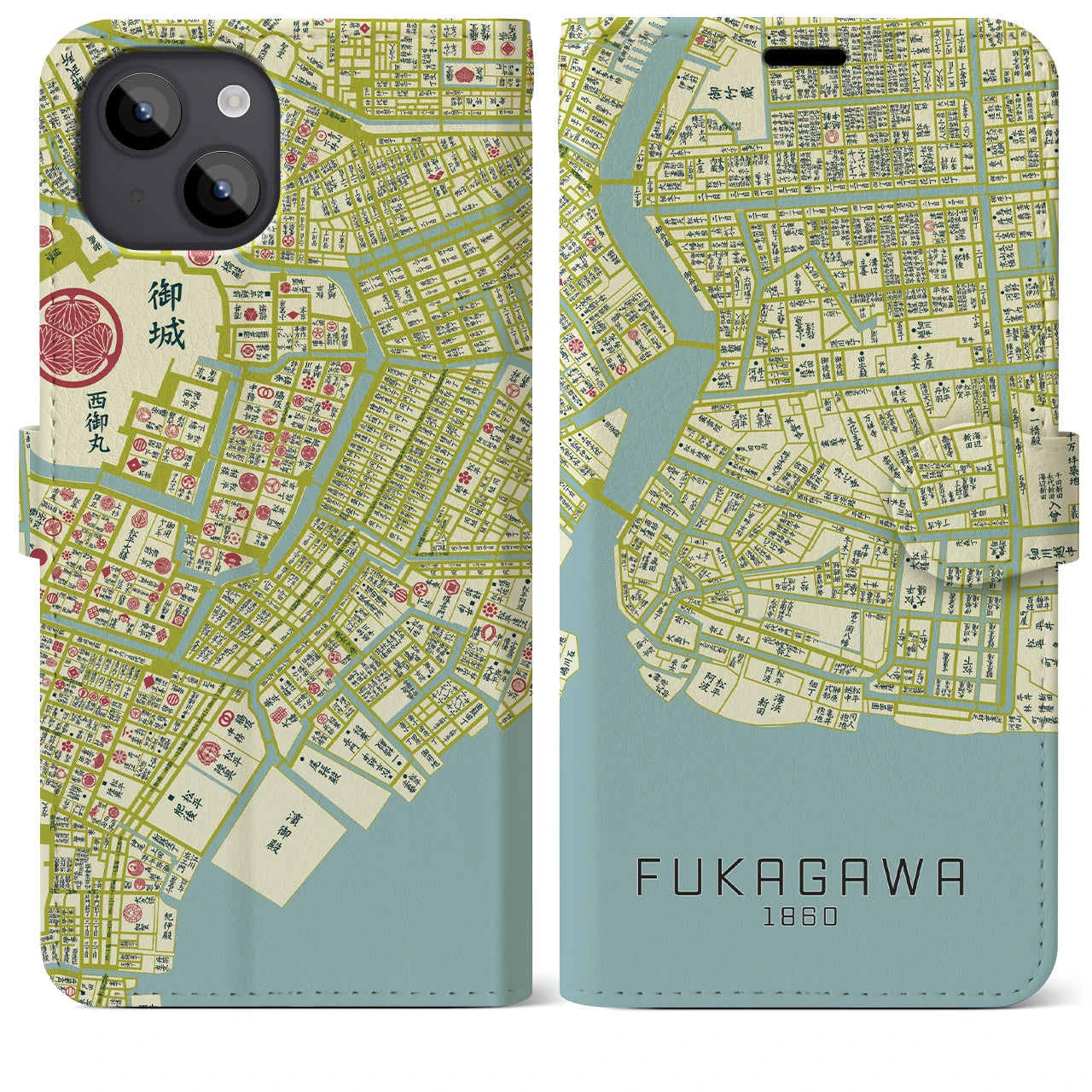 【深川1860】地図柄iPhoneケース(手帳両面タイプ・ナチュラル)iPhone 14 Plus 用