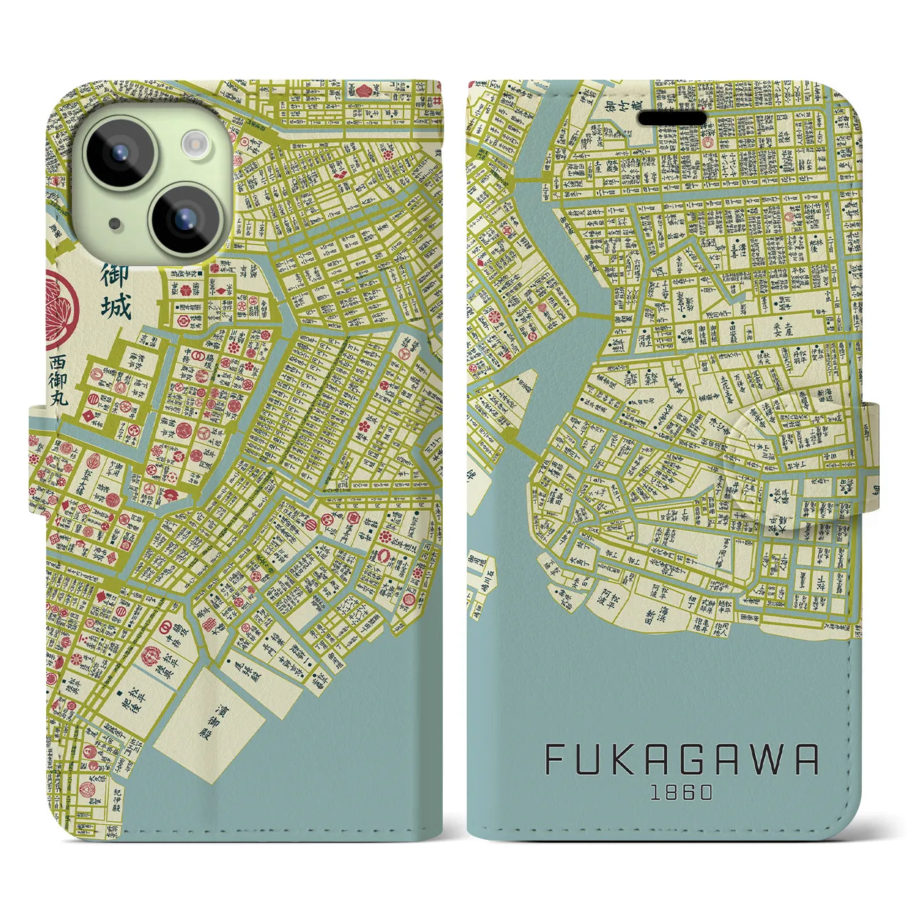 【深川1860】地図柄iPhoneケース(手帳両面タイプ・ナチュラル)iPhone 15 用