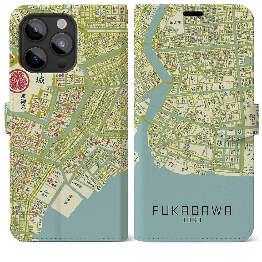 【深川1860】地図柄iPhoneケース(手帳両面タイプ・ナチュラル)iPhone 15 Pro Max 用