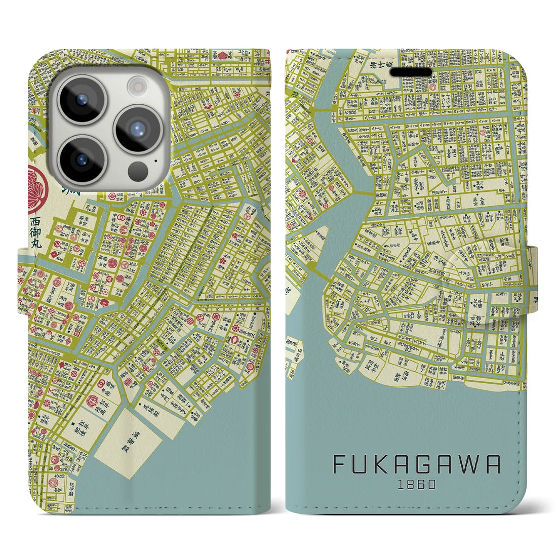 【深川1860】地図柄iPhoneケース(手帳両面タイプ・ナチュラル)iPhone 15 Pro 用