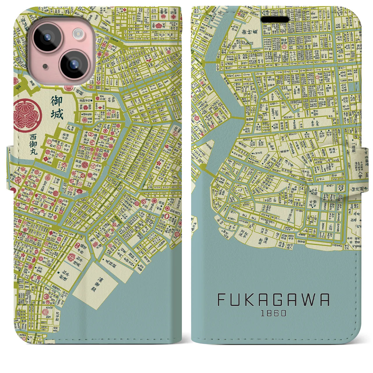 【深川1860】地図柄iPhoneケース(手帳両面タイプ・ナチュラル)iPhone 15 Plus 用