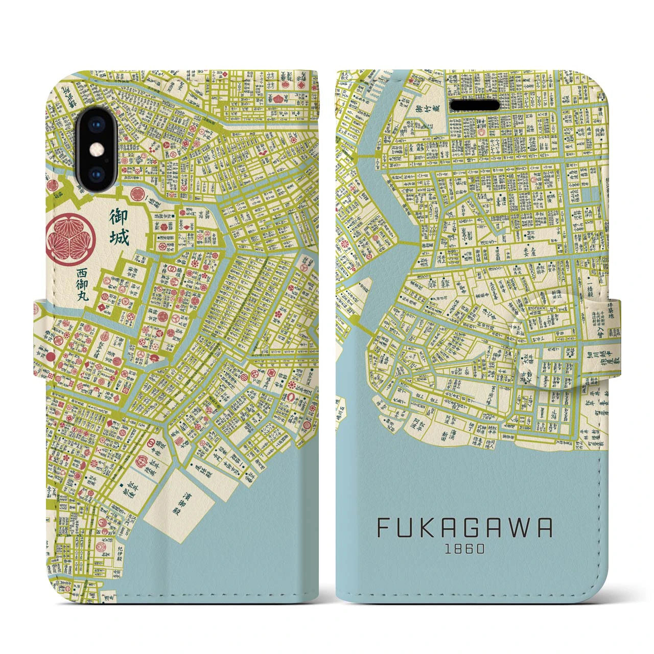 【深川1860】地図柄iPhoneケース(手帳両面タイプ・ナチュラル)iPhone XS / X 用