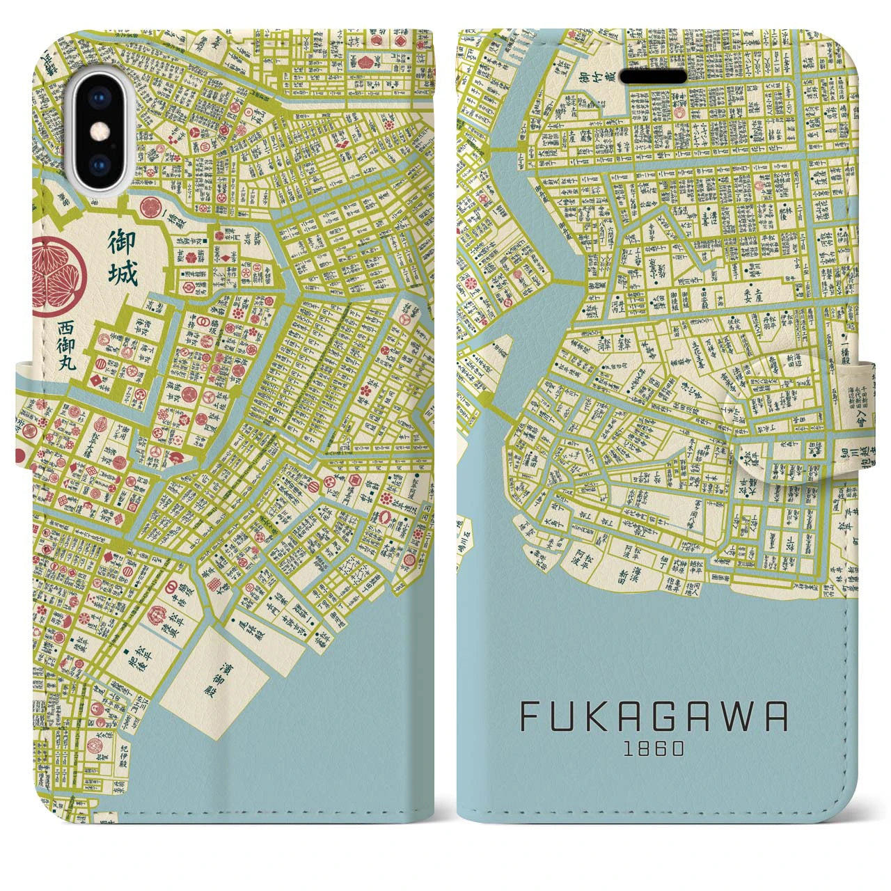 【深川1860】地図柄iPhoneケース(手帳両面タイプ・ナチュラル)iPhone XS Max 用