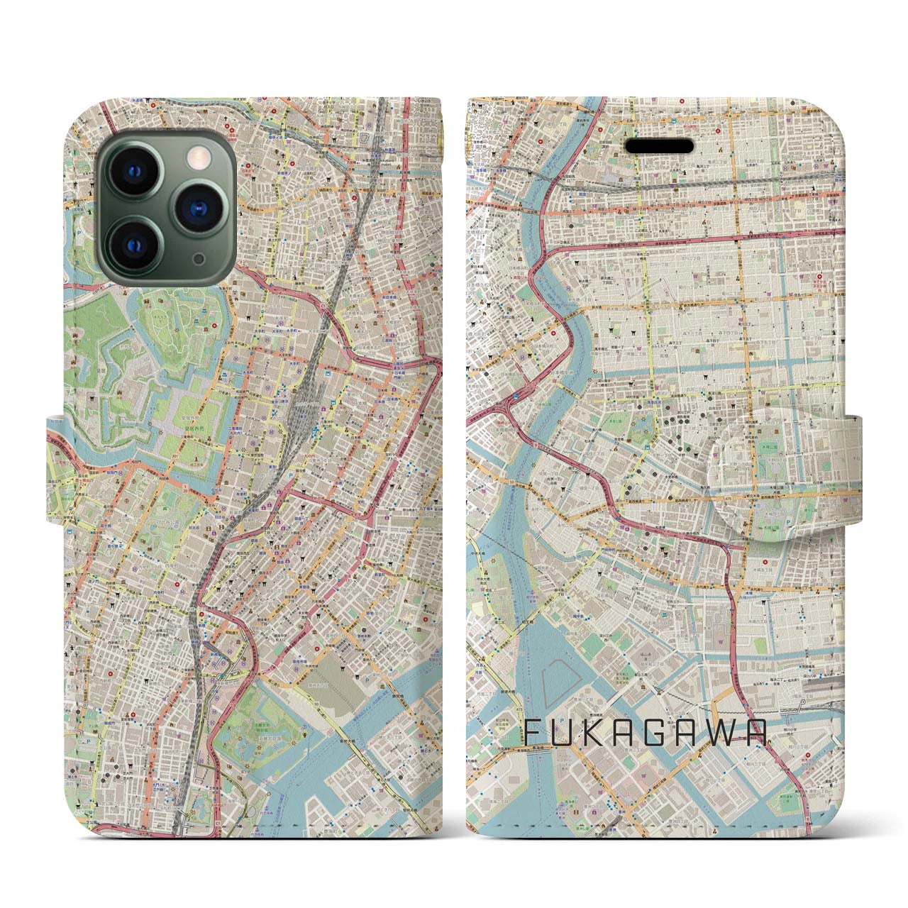 【深川2(東京都)】地図柄iPhoneケース(手帳タイプ)ナチュラル・iPhone 11 Pro 用