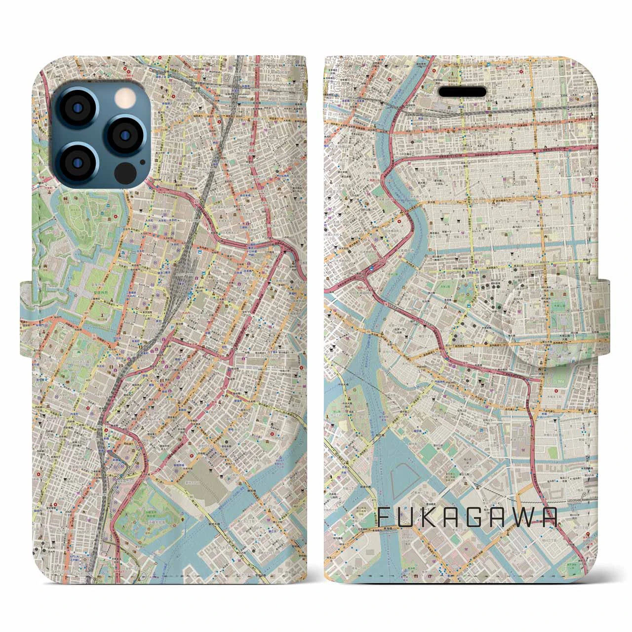 【深川2(東京都)】地図柄iPhoneケース(手帳タイプ)ナチュラル・iPhone 12 / 12 Pro 用