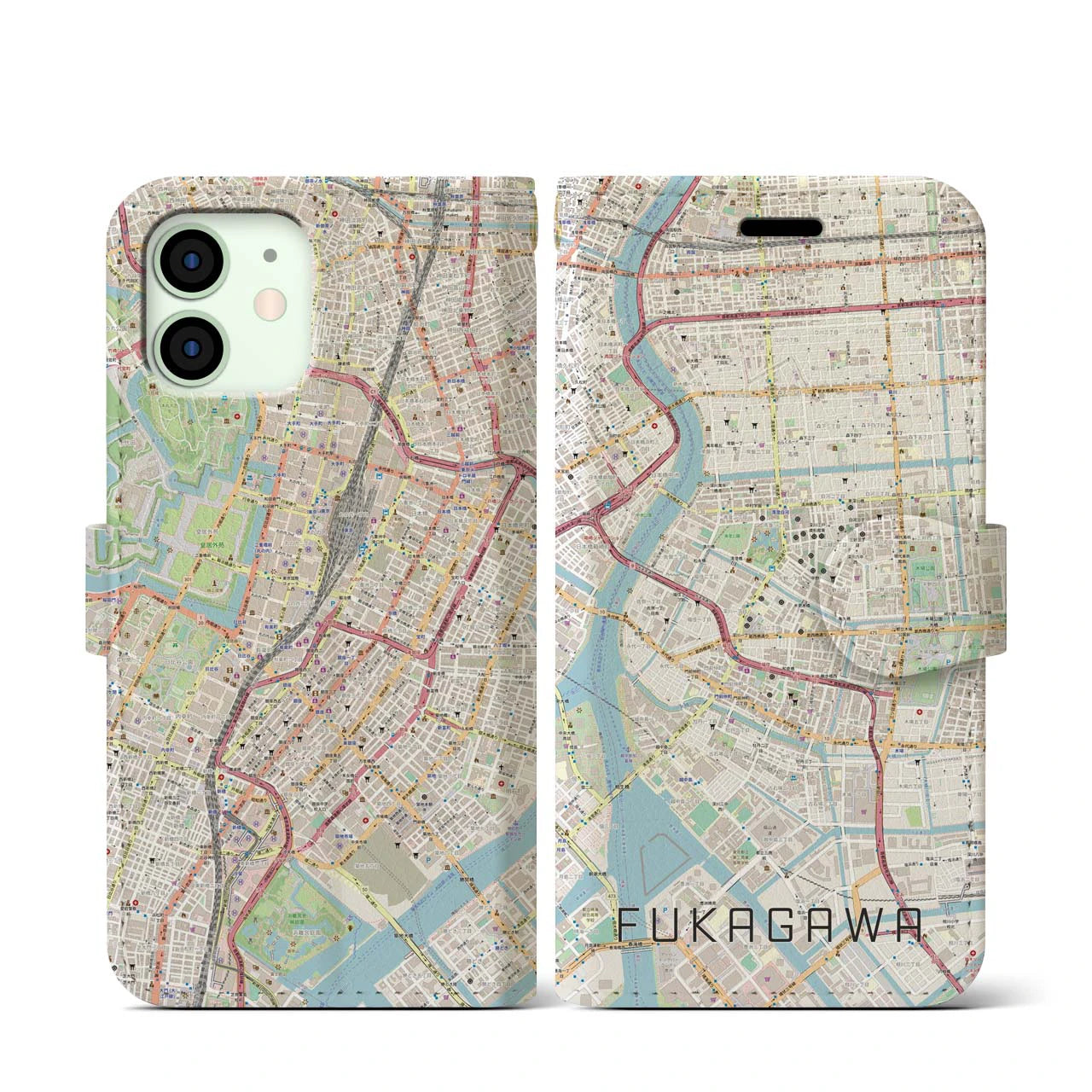【深川2(東京都)】地図柄iPhoneケース(手帳タイプ)ナチュラル・iPhone 12 mini 用