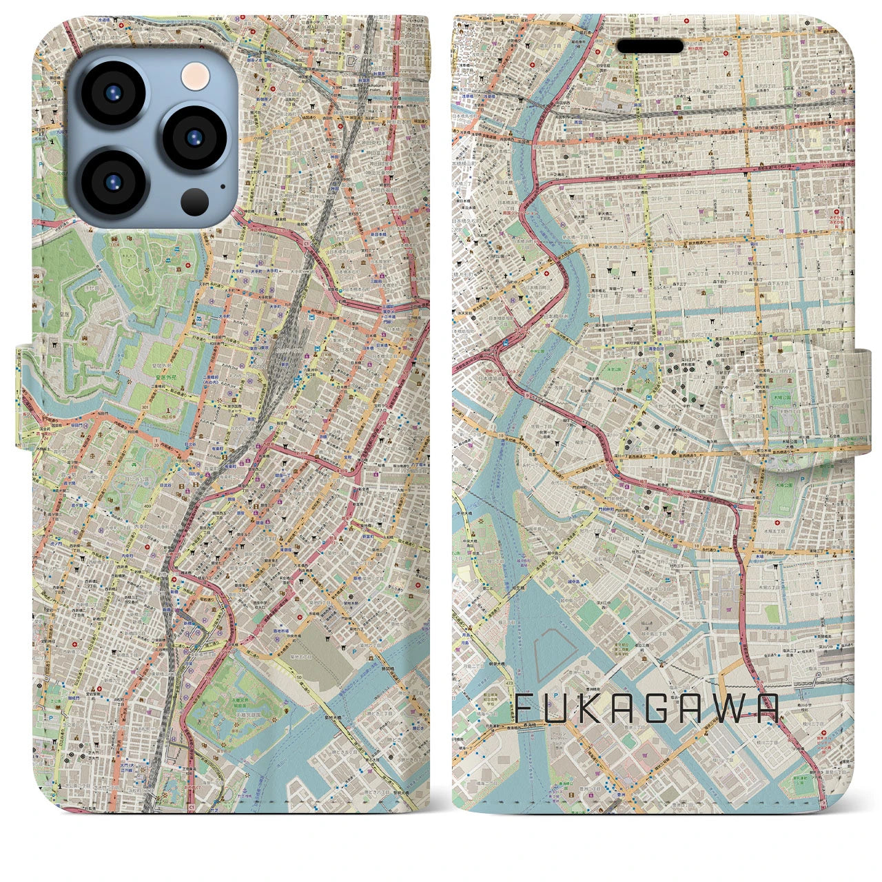 【深川2(東京都)】地図柄iPhoneケース(手帳タイプ)ナチュラル・iPhone 13 Pro Max 用
