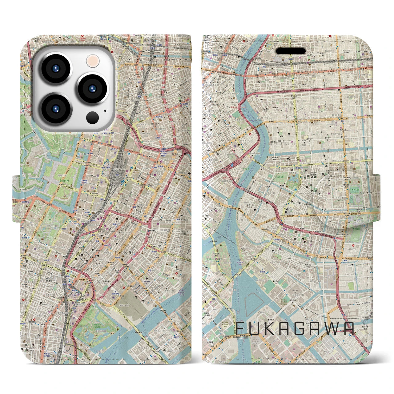 【深川2(東京都)】地図柄iPhoneケース(手帳タイプ)ナチュラル・iPhone 13 Pro 用