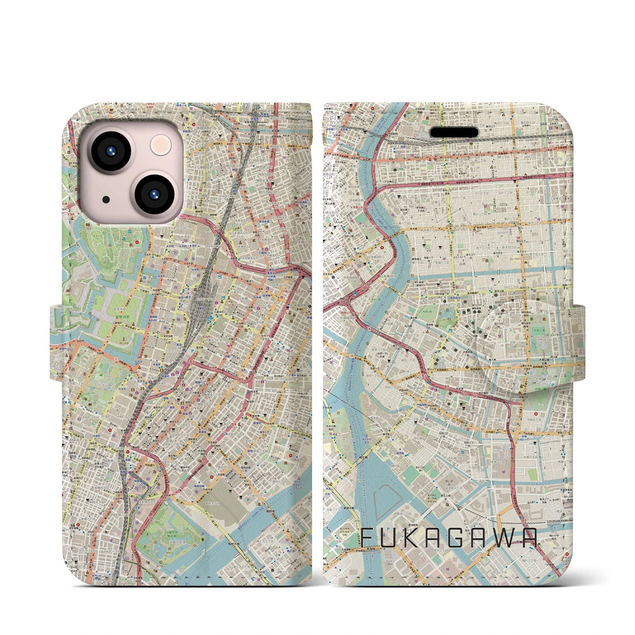 【深川2(東京都)】地図柄iPhoneケース(手帳タイプ)ナチュラル・iPhone 13 mini 用