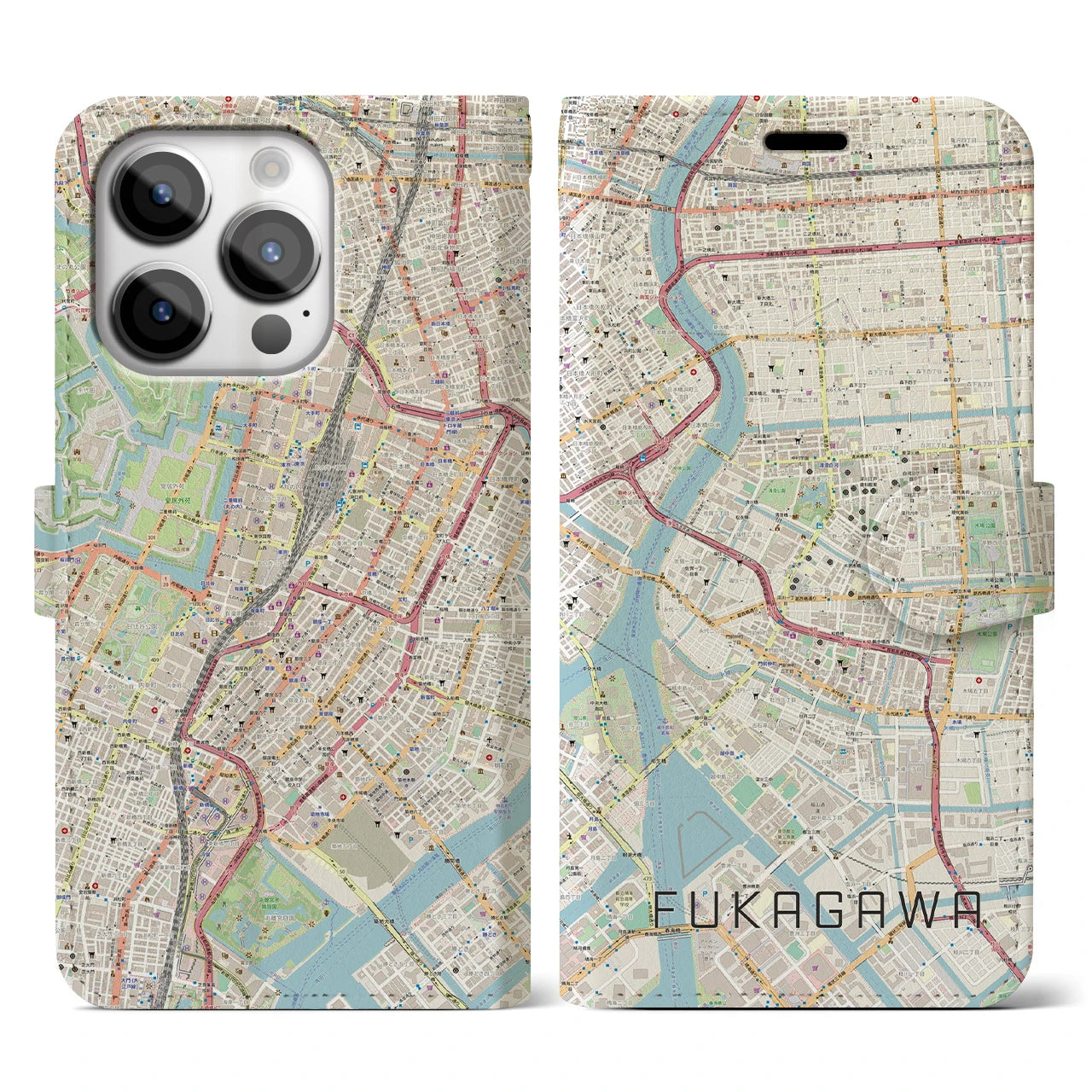 【深川2(東京都)】地図柄iPhoneケース(手帳タイプ)ナチュラル・iPhone 14 Pro 用