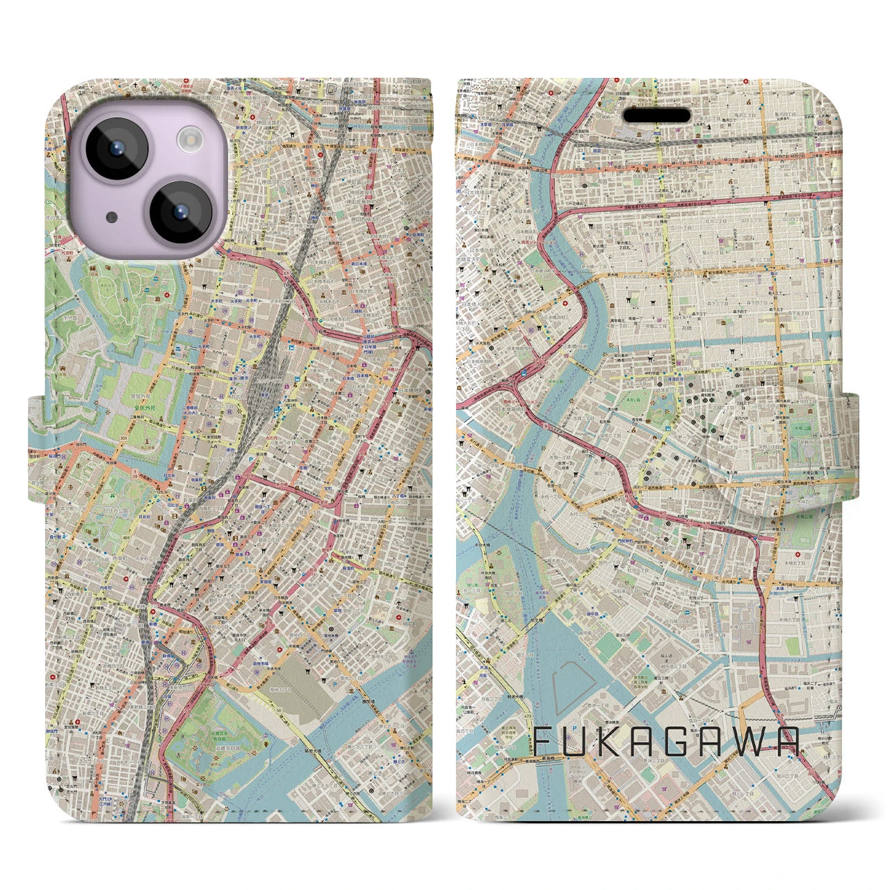 【深川2(東京都)】地図柄iPhoneケース(手帳タイプ)ナチュラル・iPhone 14 用