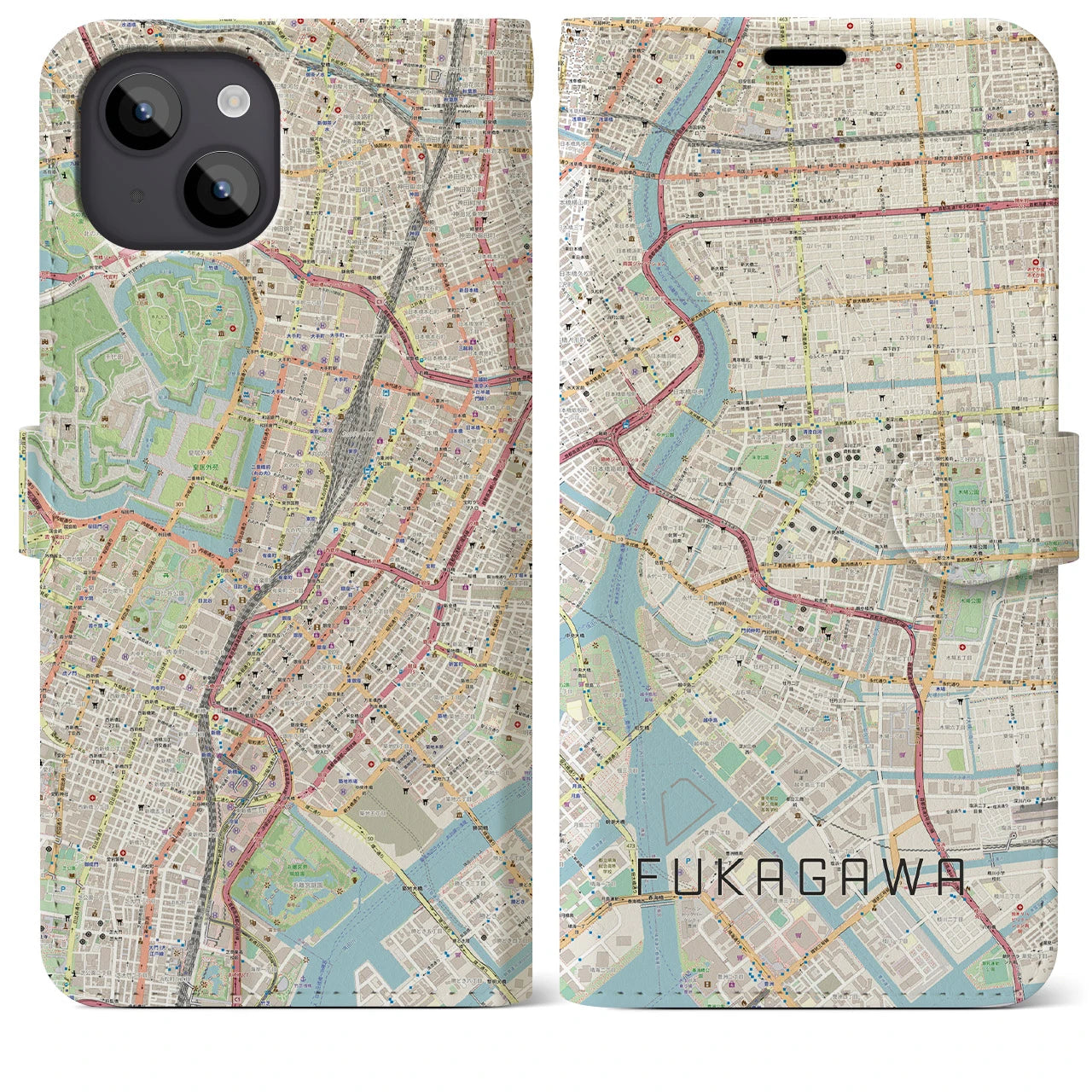 【深川2(東京都)】地図柄iPhoneケース(手帳タイプ)ナチュラル・iPhone 14 Plus 用
