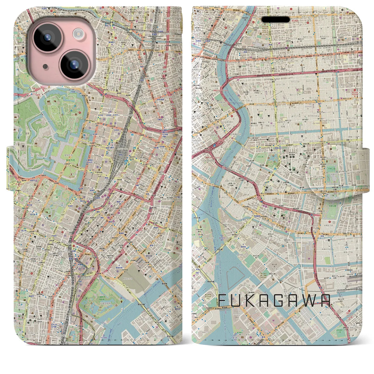 【深川2(東京都)】地図柄iPhoneケース(手帳タイプ)ナチュラル・iPhone 15 Plus 用