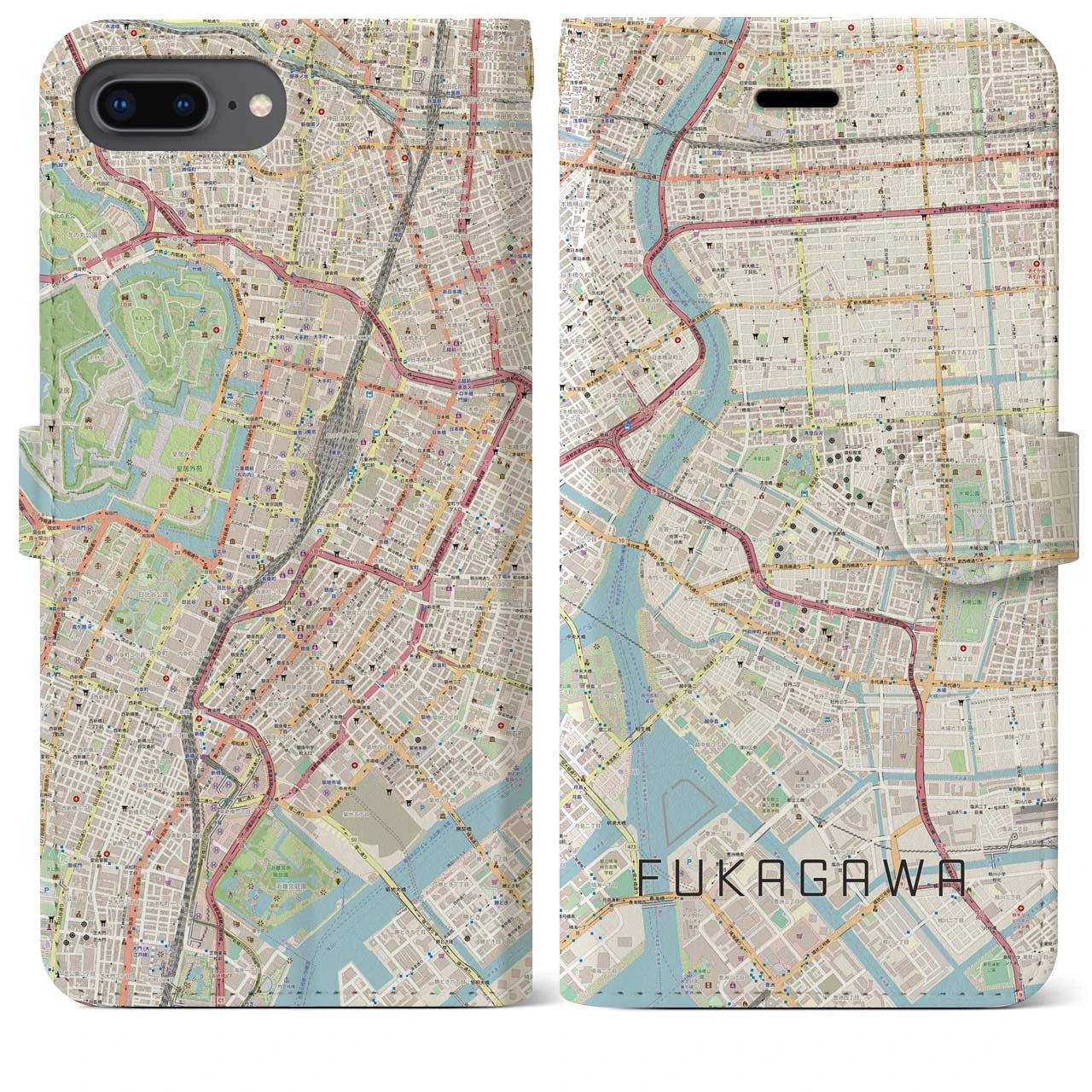 【深川2(東京都)】地図柄iPhoneケース(手帳タイプ)ナチュラル・iPhone 8Plus /7Plus / 6sPlus / 6Plus 用