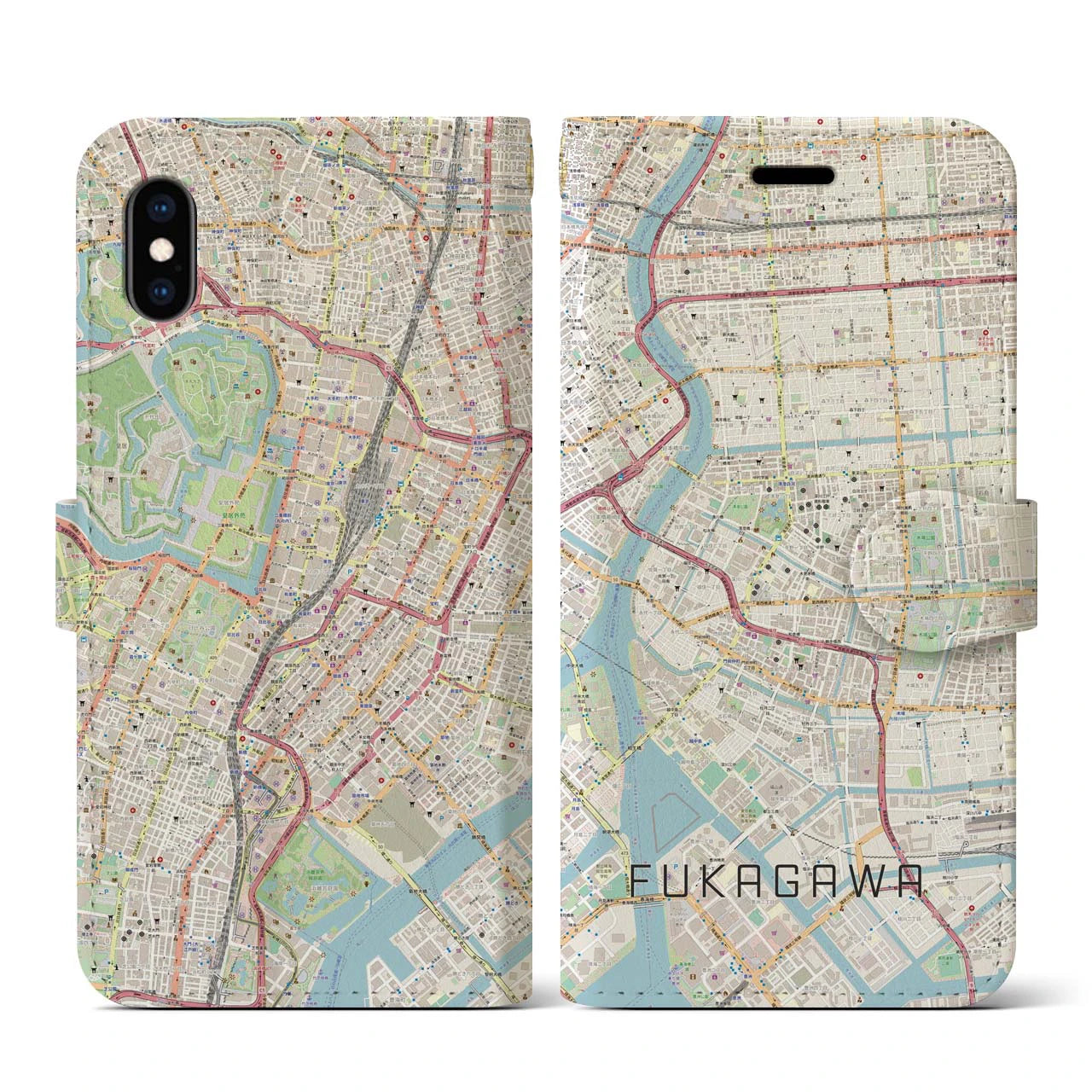 【深川2(東京都)】地図柄iPhoneケース(手帳タイプ)ナチュラル・iPhone XS / X 用