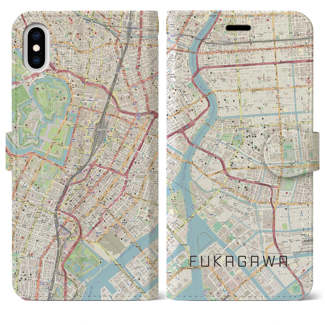 【深川2(東京都)】地図柄iPhoneケース(手帳タイプ)ナチュラル・iPhone XS Max 用
