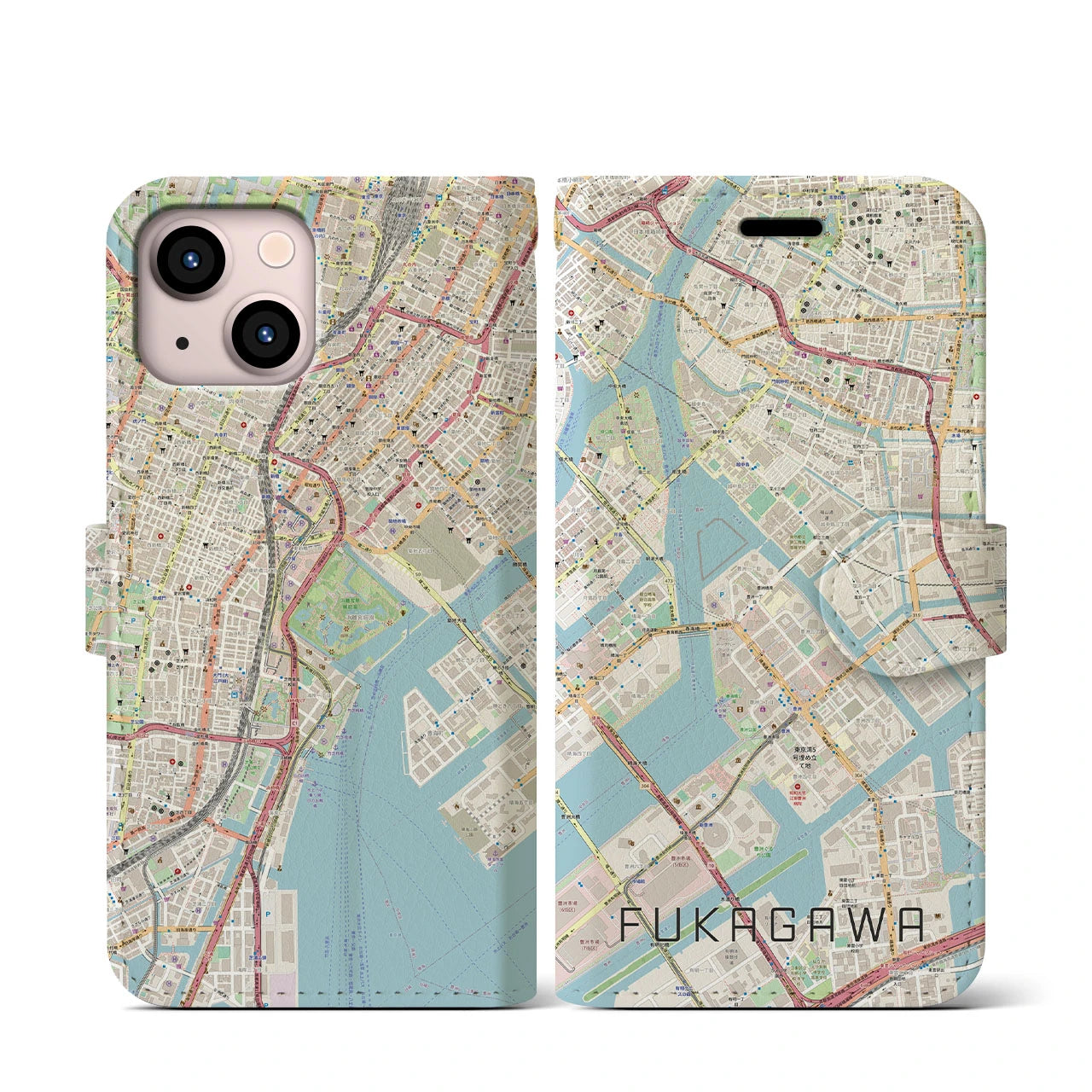 【深川(東京都)】地図柄iPhoneケース(手帳タイプ)ナチュラル・iPhone 13 mini 用