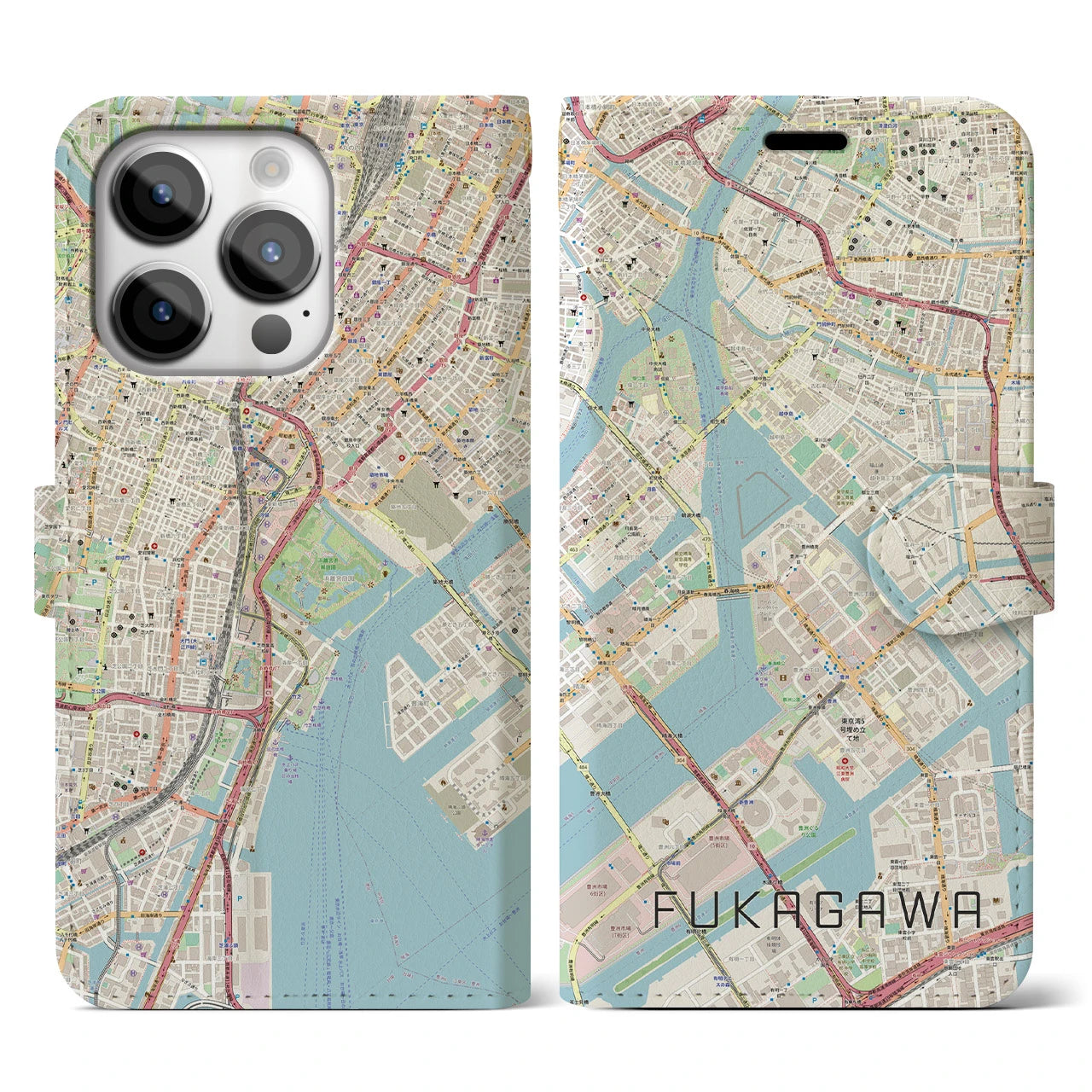 【深川(東京都)】地図柄iPhoneケース(手帳タイプ)ナチュラル・iPhone 14 Pro 用