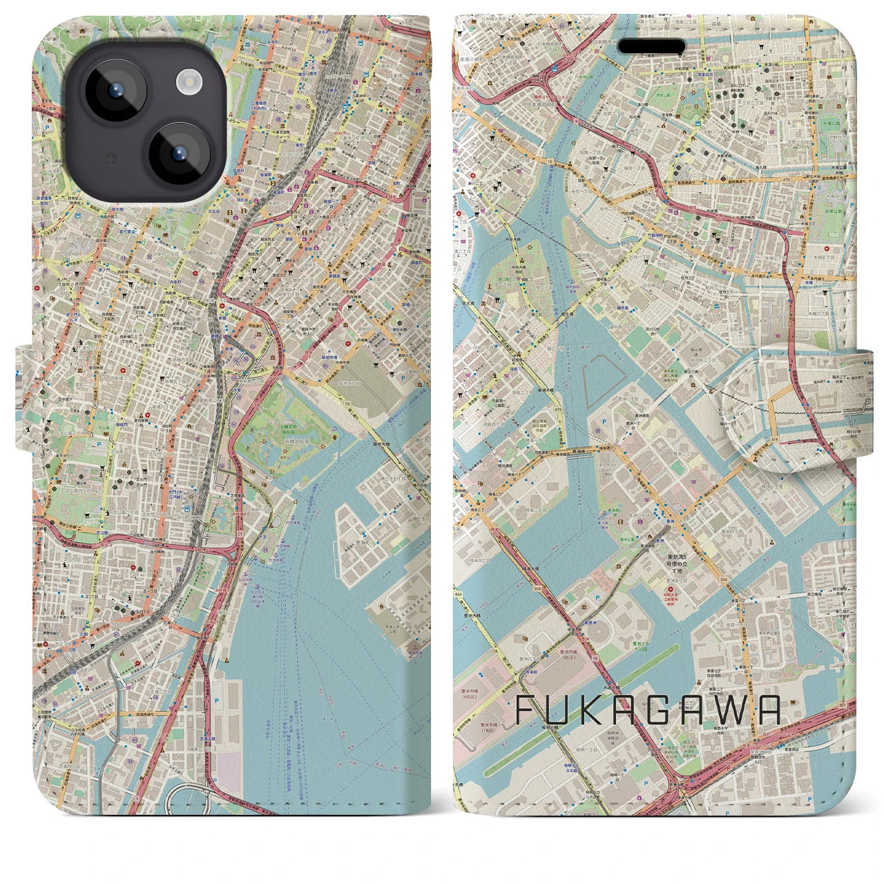 【深川(東京都)】地図柄iPhoneケース(手帳タイプ)ナチュラル・iPhone 14 Plus 用