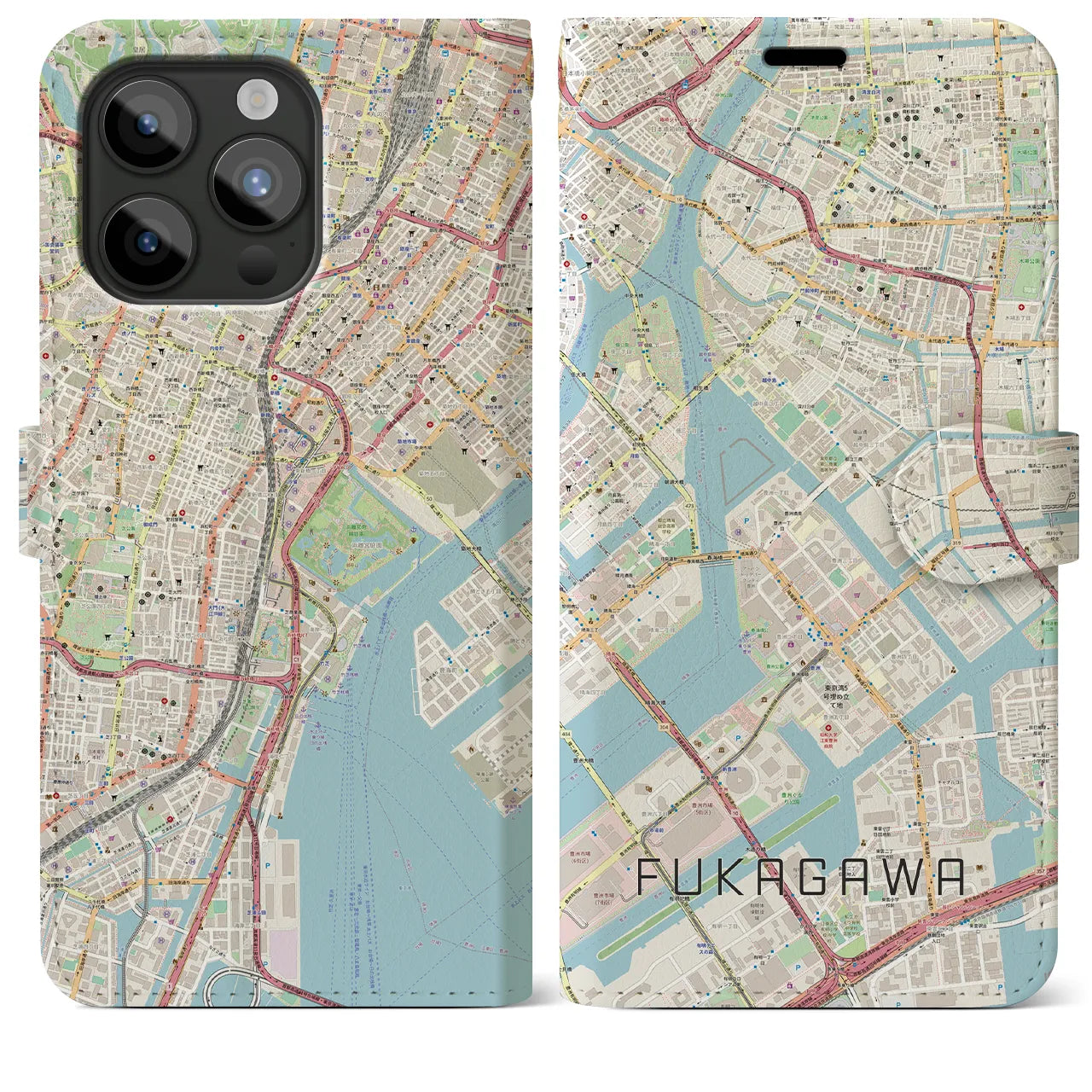 【深川(東京都)】地図柄iPhoneケース(手帳タイプ)ナチュラル・iPhone 15 Pro Max 用