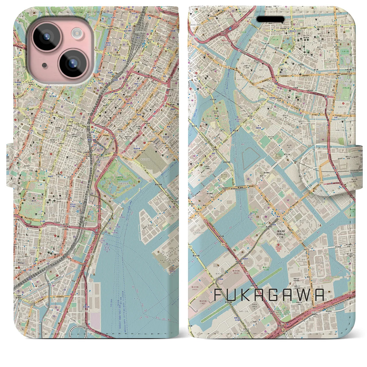 【深川(東京都)】地図柄iPhoneケース(手帳タイプ)ナチュラル・iPhone 15 Plus 用
