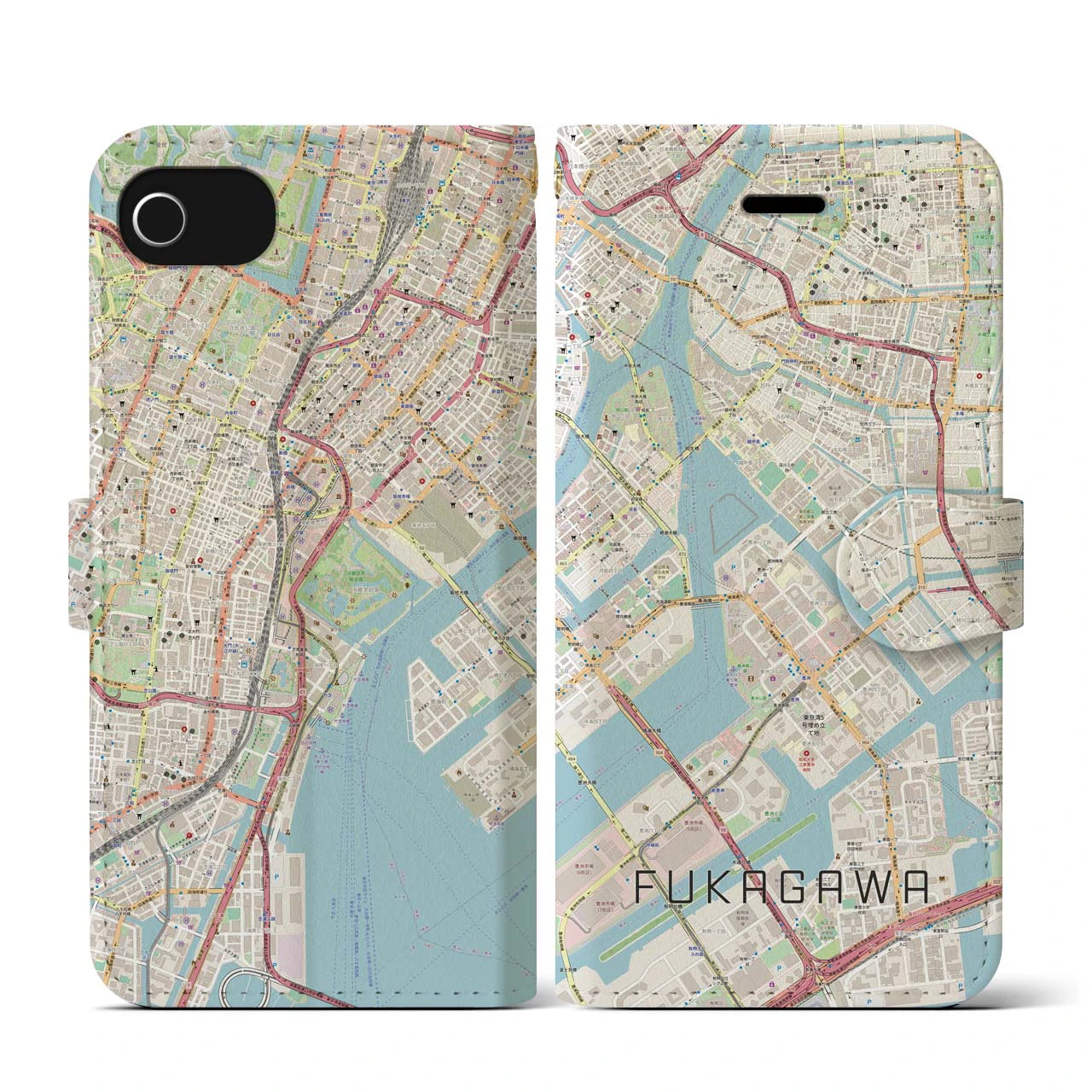 【深川(東京都)】地図柄iPhoneケース(手帳タイプ)ナチュラル・iPhone SE(第3 / 第2世代) / 8 / 7 / 6s / 6 用
