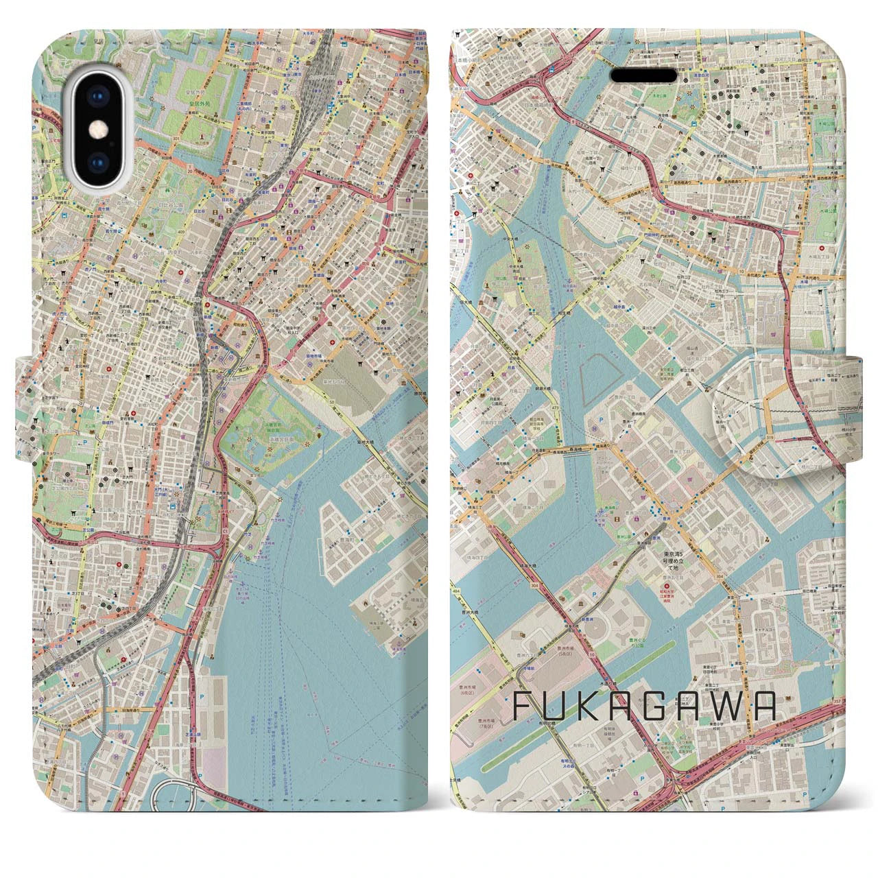 【深川(東京都)】地図柄iPhoneケース(手帳タイプ)ナチュラル・iPhone XS Max 用